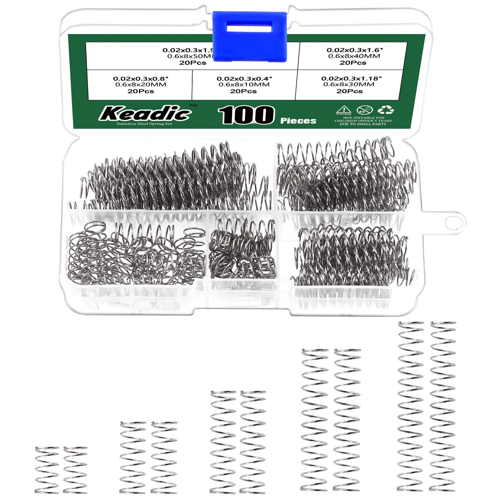 Keadic 100Pcs Mini Stainless Steel Compression Springs Assortment Kit, 5 Size 0.6mm OD, 10mm-50mm Length Metal Spring Set for DIY and Repair Replacement