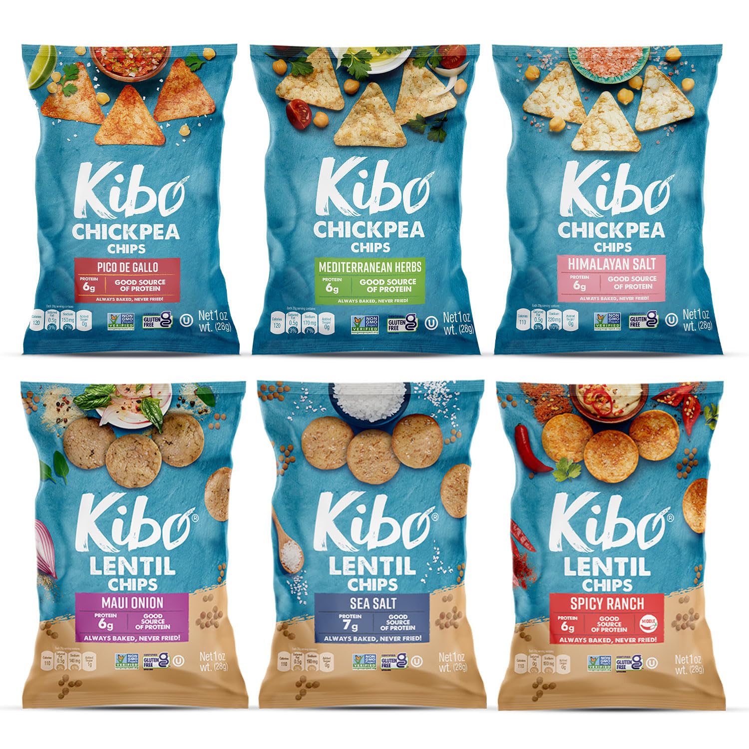 Kibo Chickpea & Lentil Chips Variety Pack: Savory, Plant-Based Protein Chips Nutritious, Vegan & Guilt-Free Snacking – Low-Carb, Low-Calorie, Non-GMO, Gluten-Free, Kosher Healthy Snacks 1oz, 24 Pack