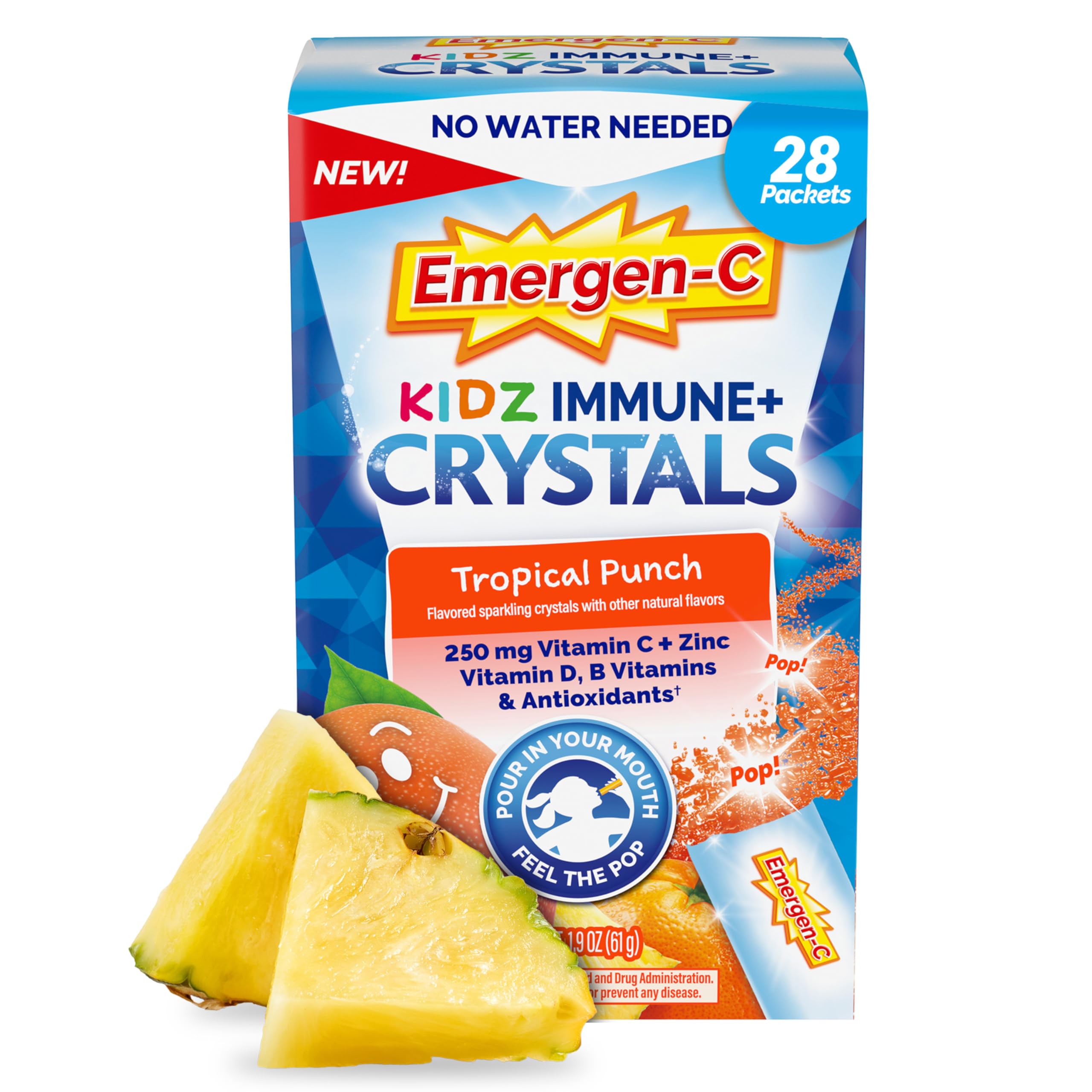 Emergen-CKidz Immune Plus Crystals, On-The-Go Immune Support Supplement with Vitamin C, Vitamin D, B Vitamins, Zinc and Manganese, Tropical Punch - 28 Stick Packs