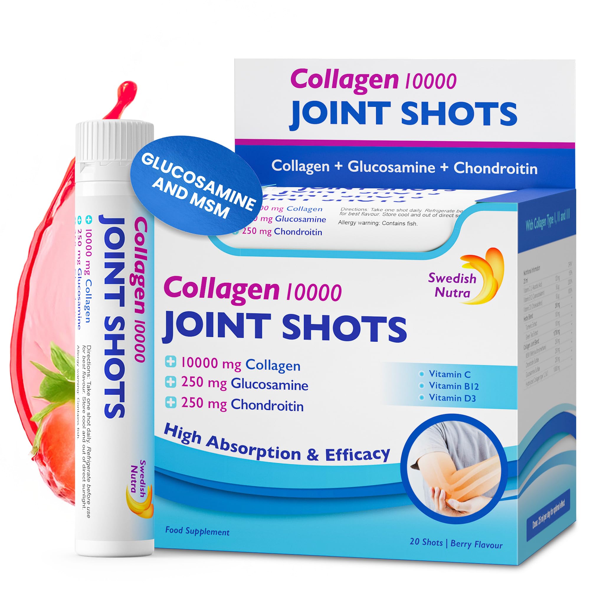 Swedish Nutra - Joint Shots I 20 Day Supply I 10,000 mg Collagen Type I, II & III I Glucosamine, MSM, Chondroitin, Turmeric I 100% Natural Flavour I Sugar-Free