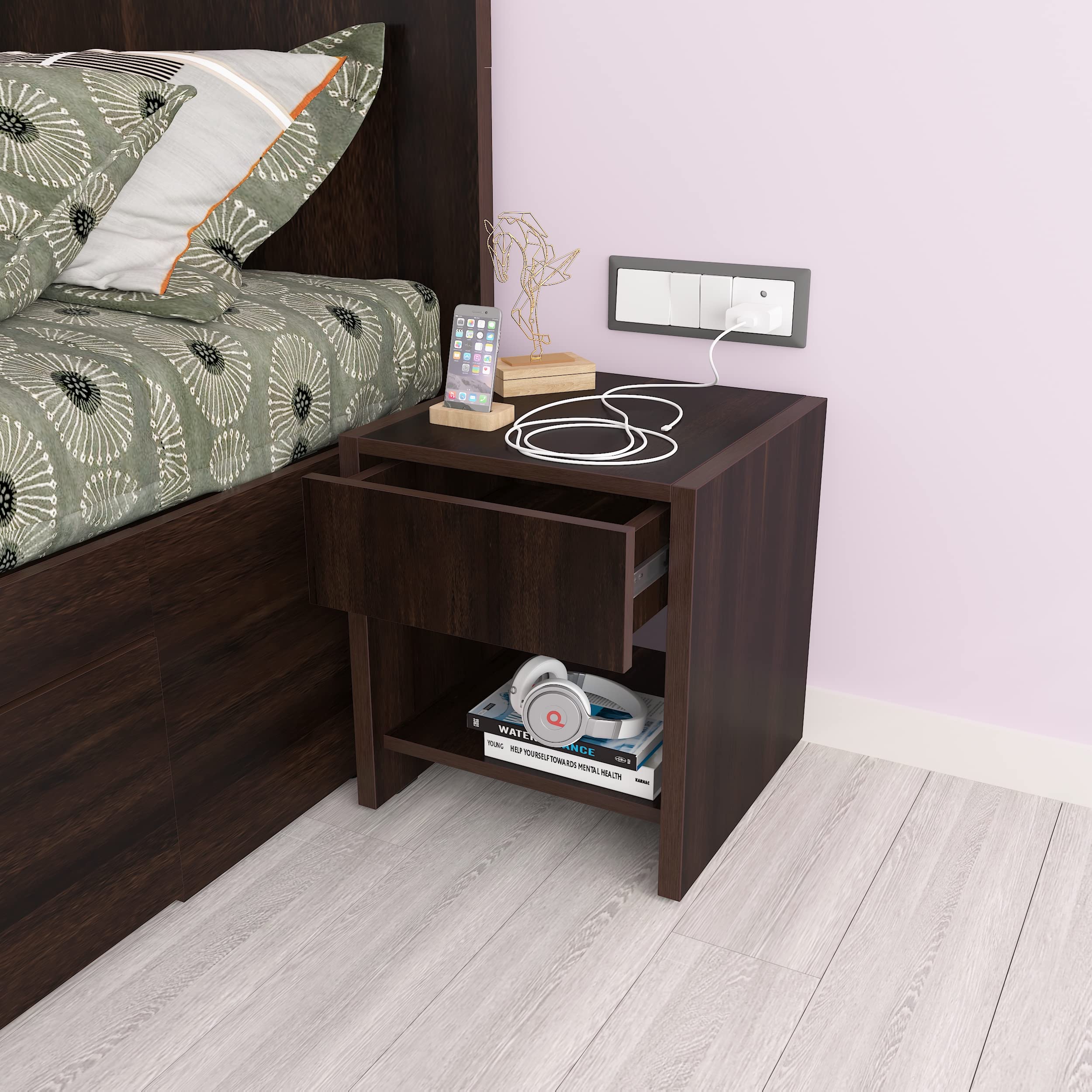 Studio Kook Aztec Engineered Wood Bedside Table (Delivered Pre-Assembled) (Junglewood)