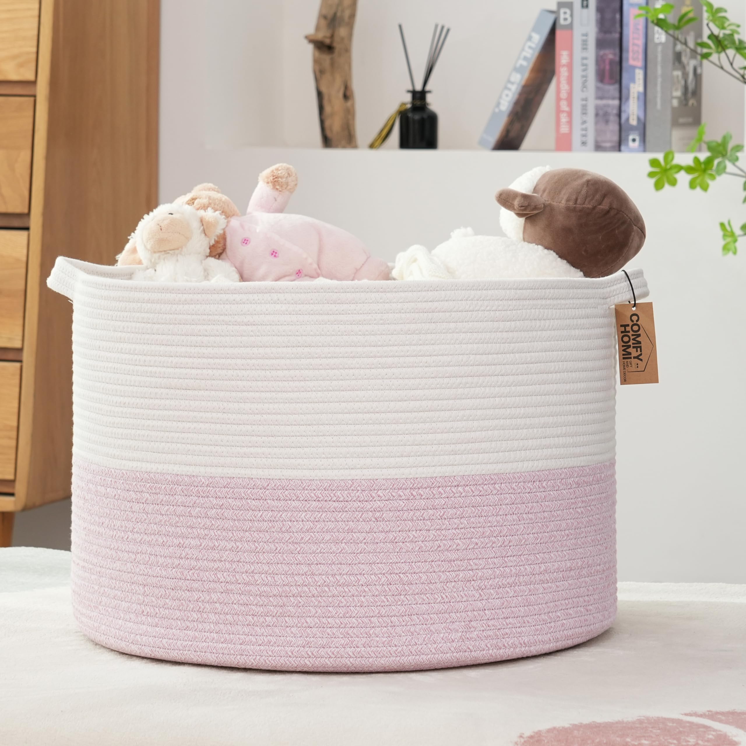 COMFY-HOMI New Extra Large Blanket Storage Basket 21''x21''x13.6''|Toy Organizers and Storage|Cotton Rope Woven Round Basket for Blanket|Baby Basket for Newborn-White/Pink