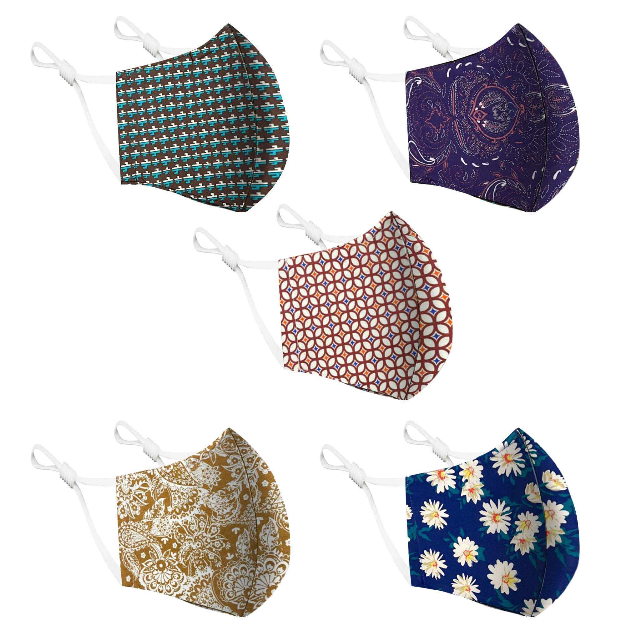 Cotton Face Mask 5 Pack | Handmade in UK Washable Reusable with Nose Wire | Filter Pocket | Adjustable Ear Loops | 3 Layers Cloth Face Masks for Women Men | Floral Patterned