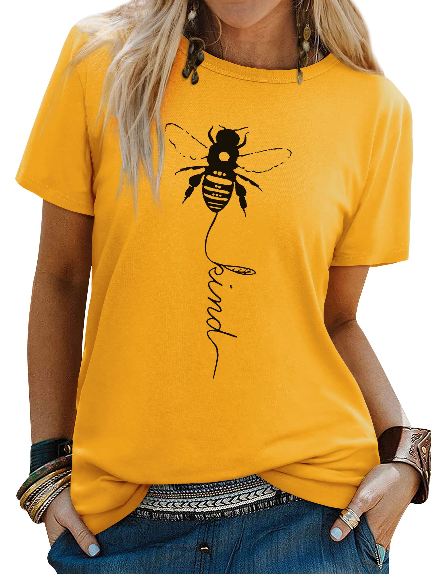 DresswelWomen Bee Kind T-Shirt Ladies Bee Graphic Shirt Crew Neck Short Sleeve Summer Tee Tops