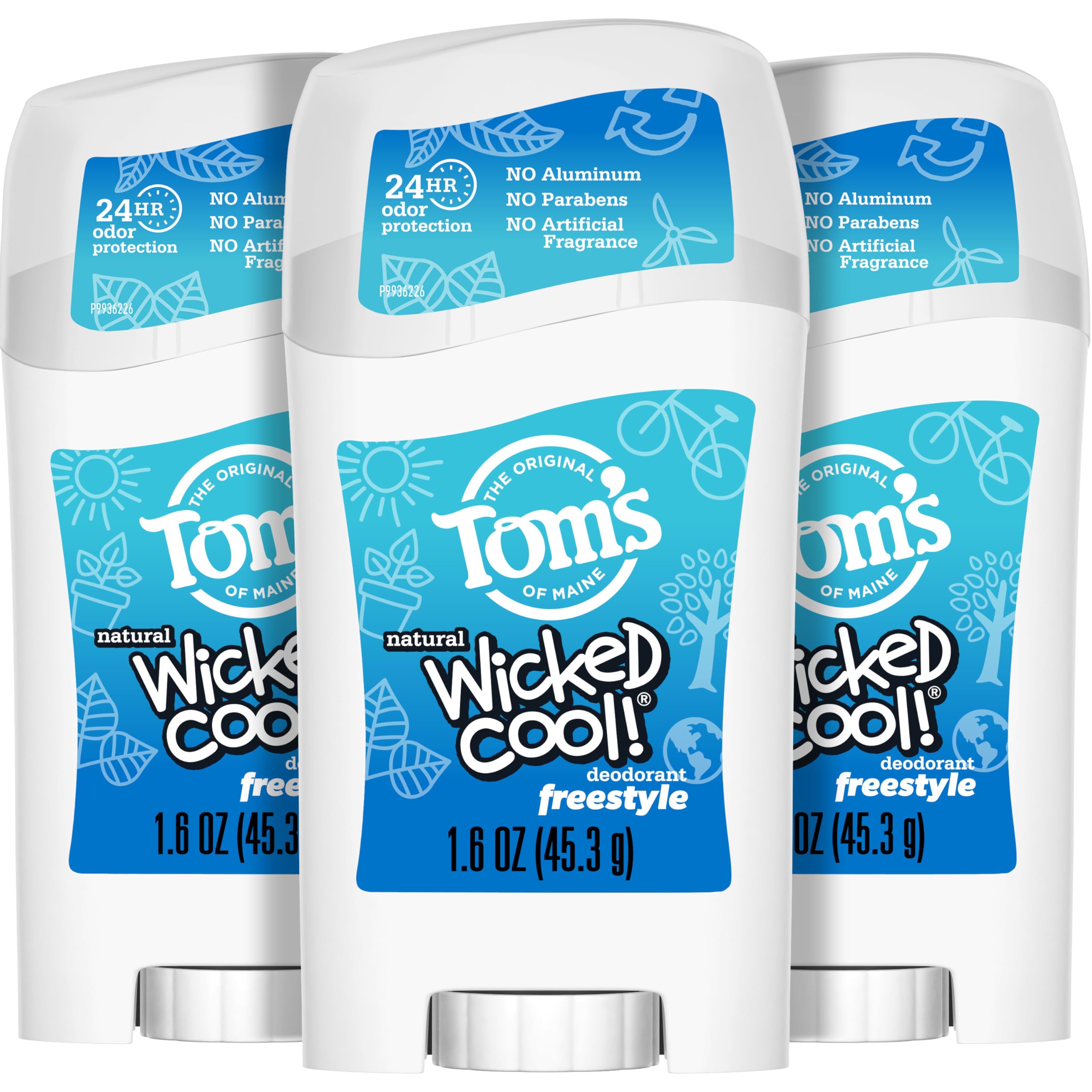 Tom's of Maine Aluminum-Free Wicked Cool! Natural Deodorant for Kids, Freestyle, 1.6 oz. 3-Pack (Packaging May Vary)