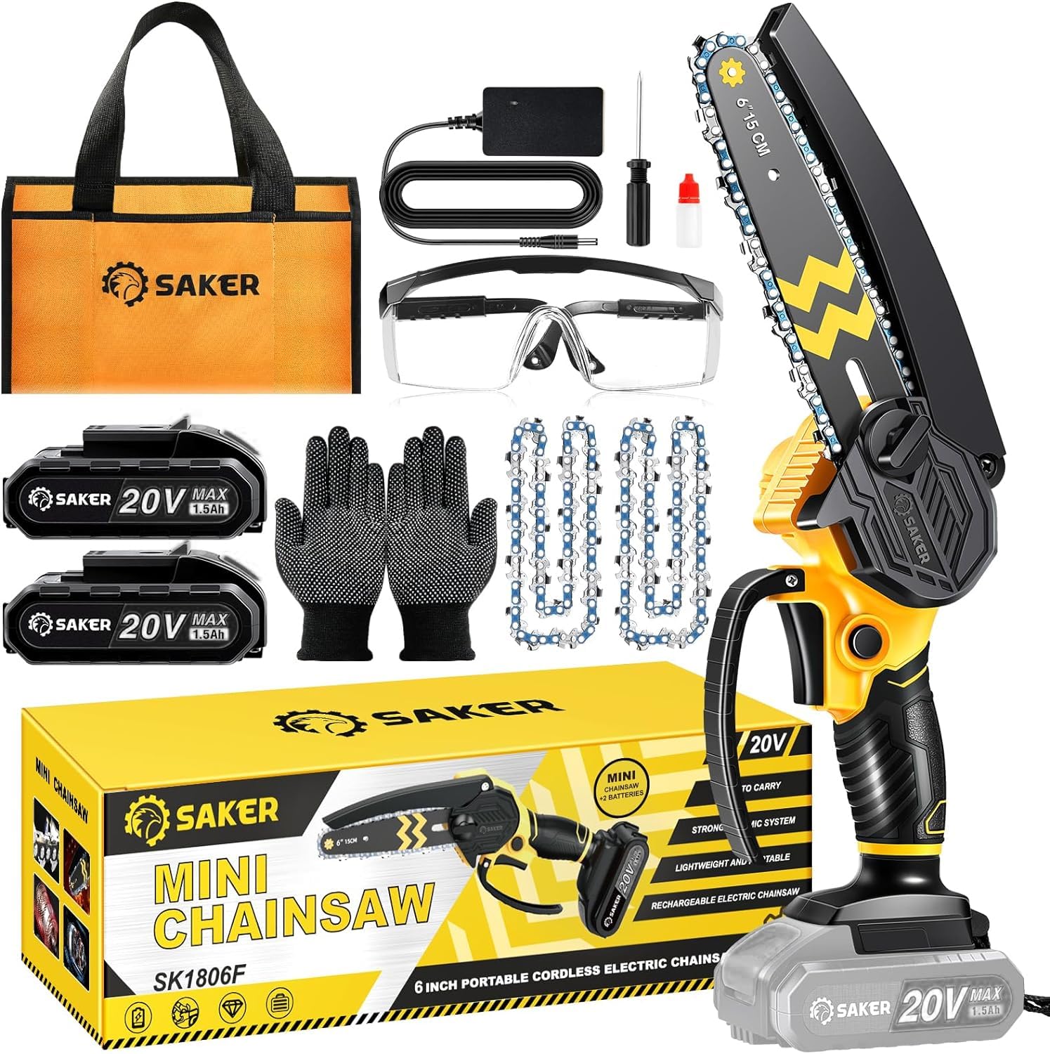 Saker Mini Chainsaw Cordless 6-Inch-Switch Security Lock-Cordless Power Chain Saws-Handheld Small Chainsaw for Cutting Wood Trimming and Woodworking Gift for Men 2 Batteries