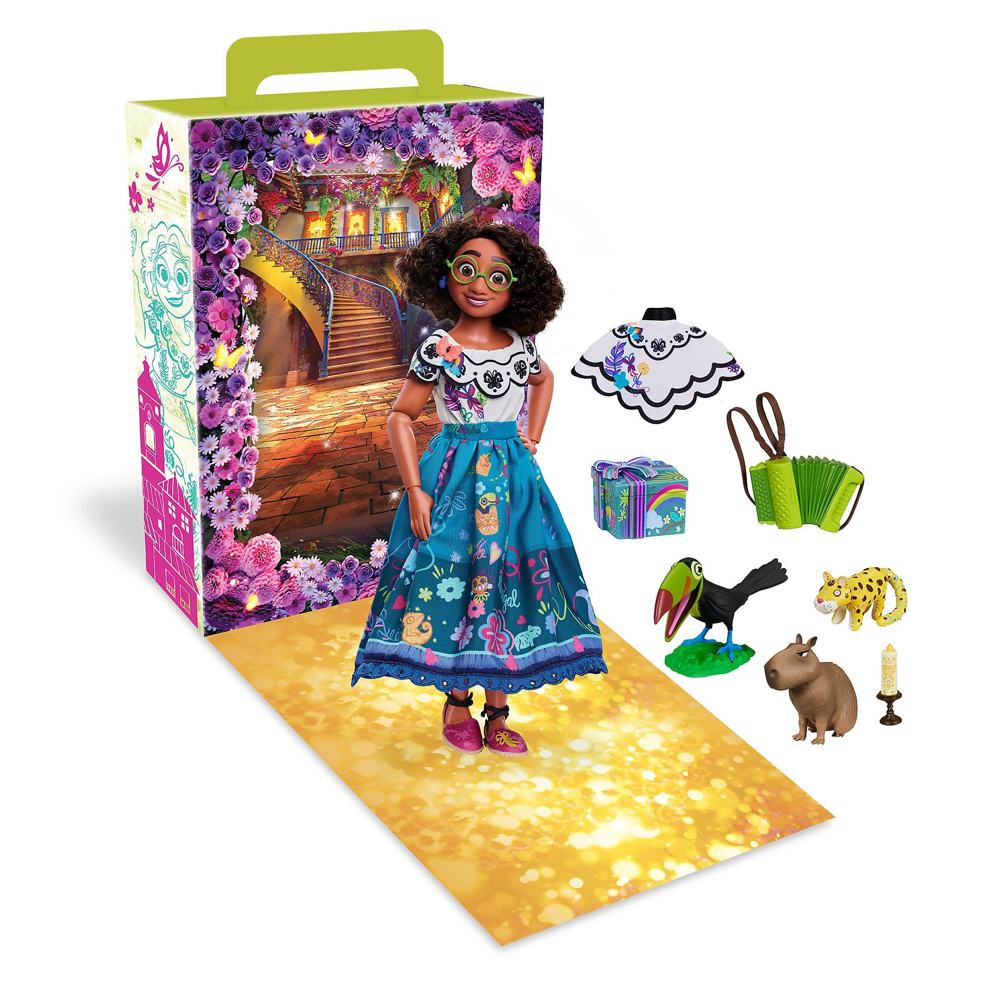 Disney Store Official Mirabel Story Doll for Kids, Encanto, 27cm/10”, With Jaguar, Pico & Chispi, 2 Outfits, Accessories, Colouring & Activity Pack and Box that Folds to a Play Stage, For Ages 3+