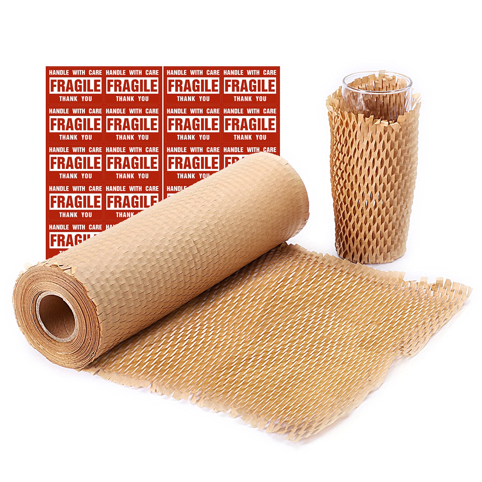 METRONIC Packaging Paper 16"x93' Honeycomb Cushioning Wrap Perforated-Packing，1 Rolls 93 Ft Honeycomb Wrap Roll with 20 Fragile Sticker Labels Packing Honeycomb Wrap Roll for Packing & Moving