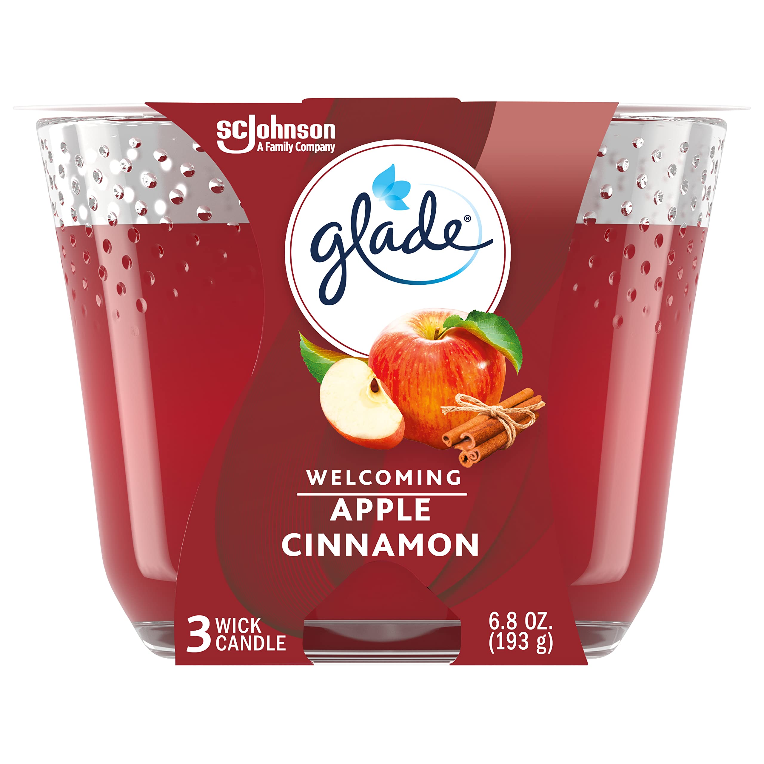 Glade Candle Apple Cinnamon, Fragrance Candle Infused With Essential Oils, Air Freshener Candle, 3-Wick Candle, 6.8 Oz