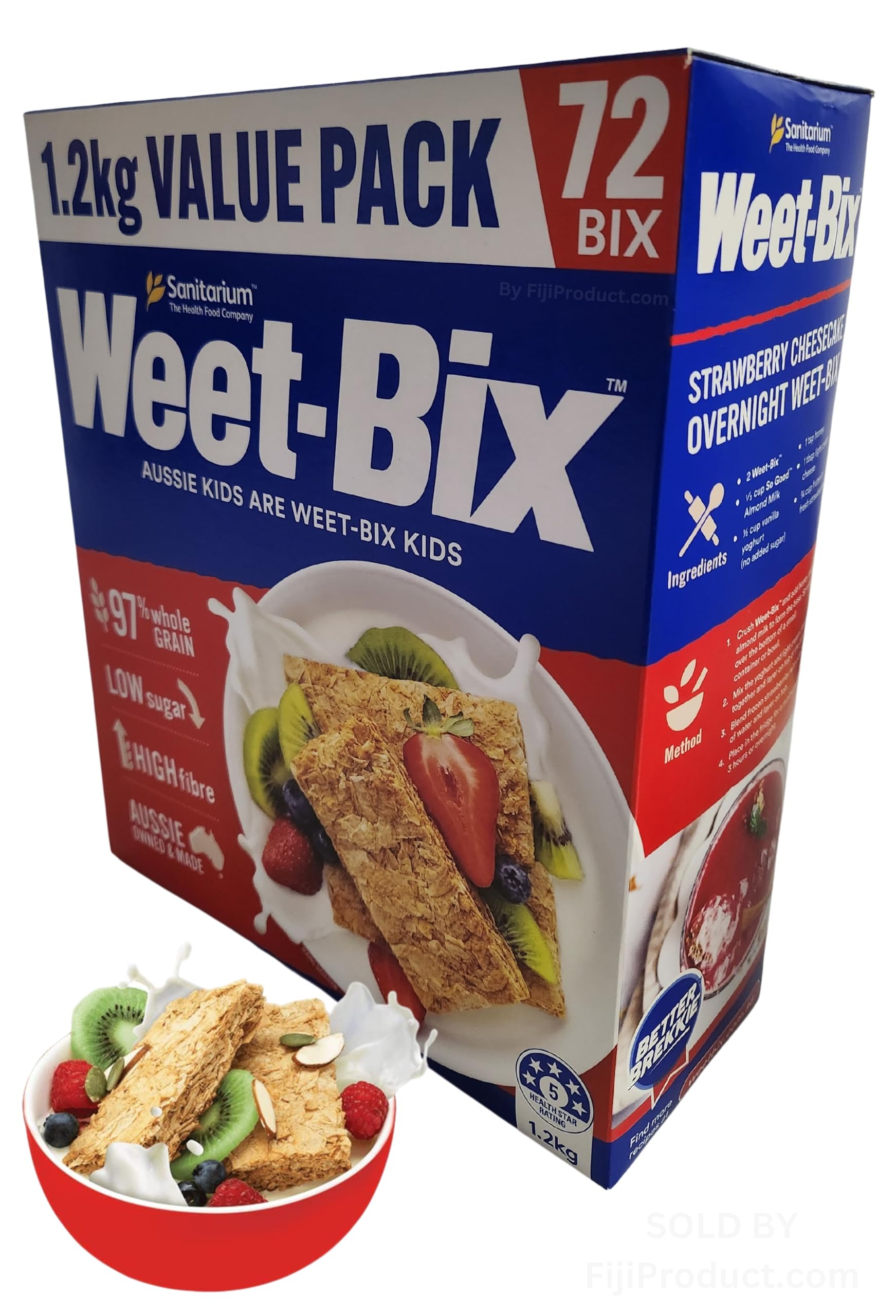 Aussie Made Weet-Bix 97% Wholegrain (1.2kg VALUE PACK 72 BIX) By Sanitarium Health Food Company Australia. Low in Sugar. Goodness and Energy