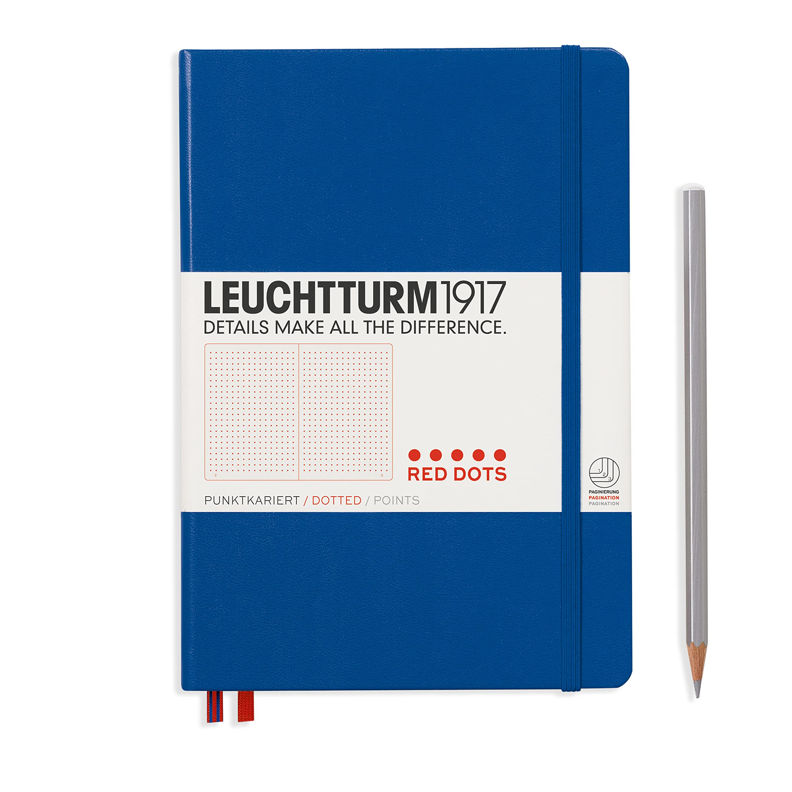 LEUCHTTURM1917Medium A5 Dotted Hardcover Notebook - Red Dots Special Edition with 251 Numbered Pages (Royal Blue)