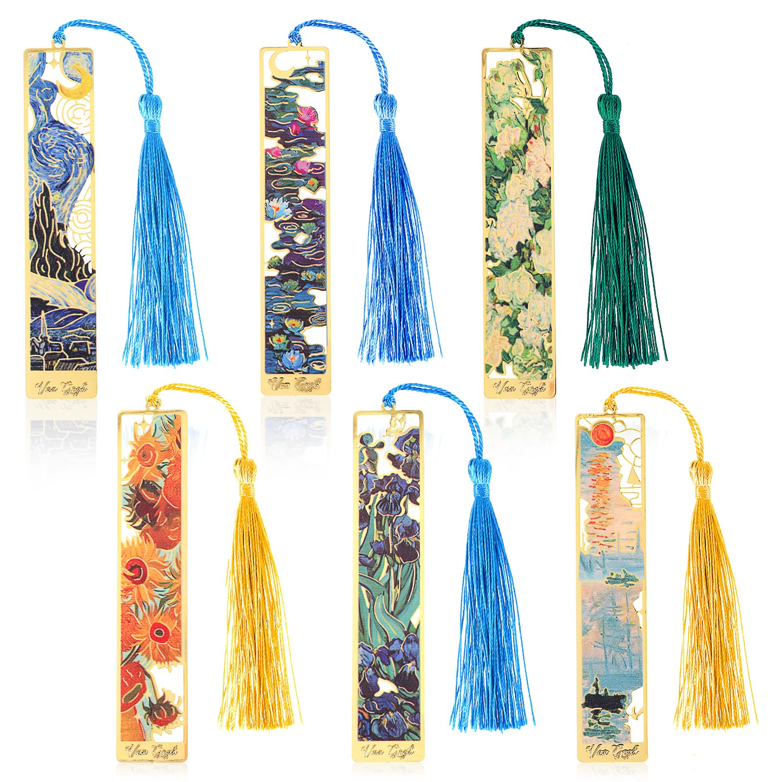 6Pcs Metal Bookmarks with Tassel, Golden Hollow Bookmark Metal Van Gogh Bookmarks Gifts for Book Lovers Writers Readers Teachers Students Men Women