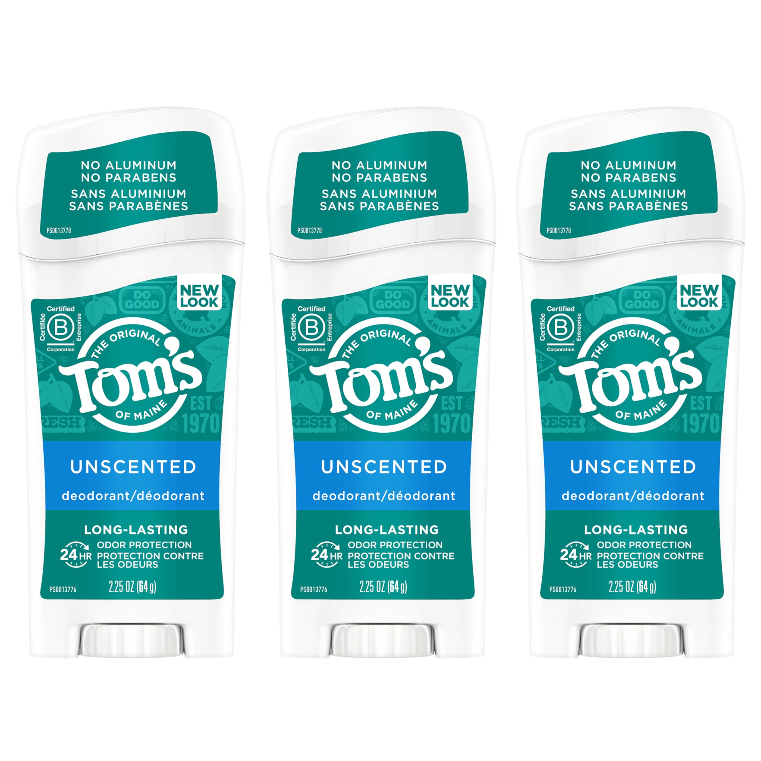 Tom's of Maine Long-Lasting Aluminum-Free Natural Deodorant for Women, Unscented, 2.25 oz. 3-Pack (Packaging May Vary)