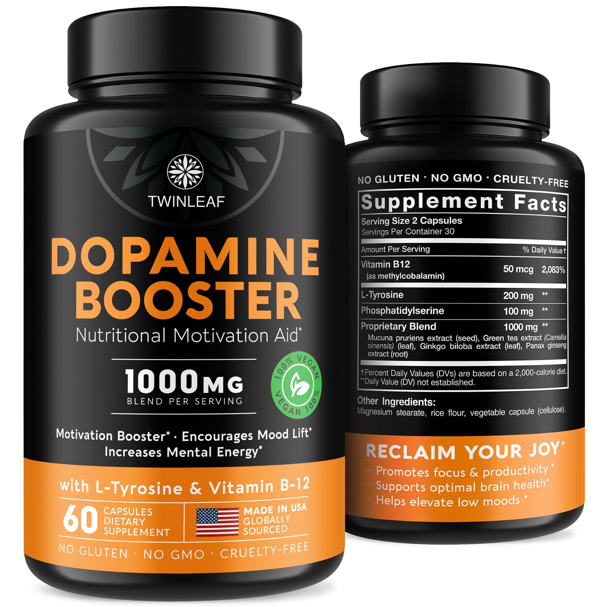 TWINLEAF Dopamine Brain Support Supplement, 1000 mg Blend - Made in USA - with Vitamin B12 and L-Tyrosine - Enhance Mental Well-Being - 60 Capsules