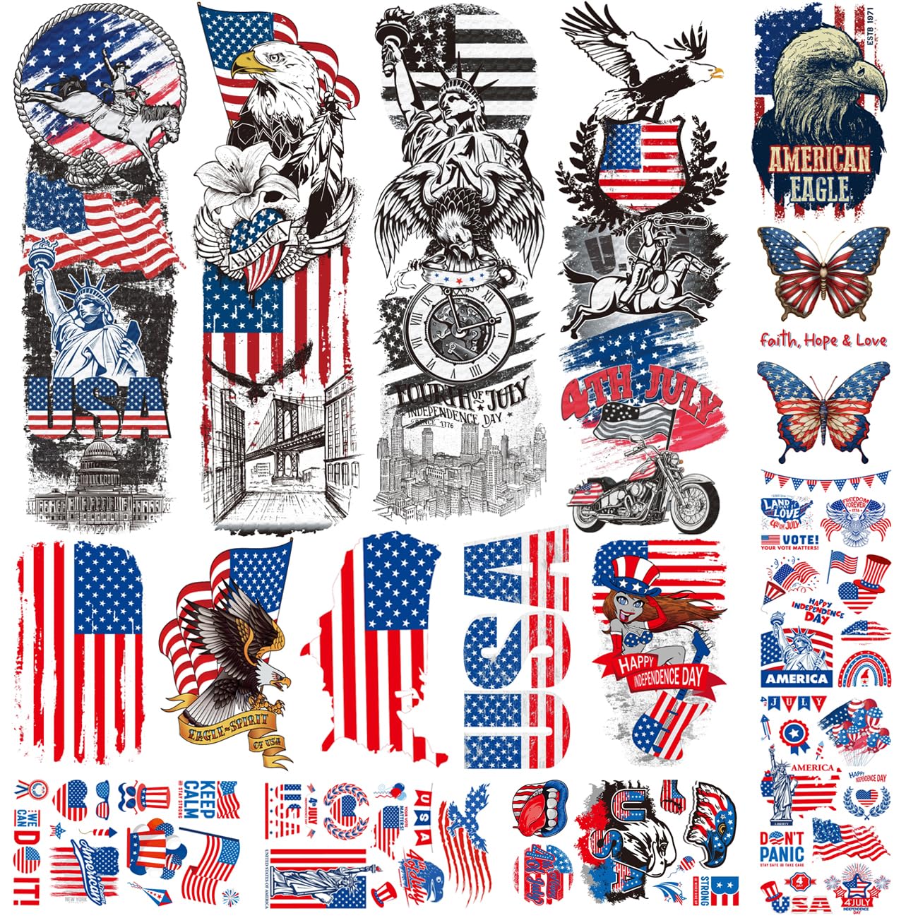 CHARLENT 4th of July Temporary Tattoos Full & Half Arm - American Flag Tattoos for Kids Women Men Fourth of July Party Decorations and USA Party Favors,Independence Day Party Supplies