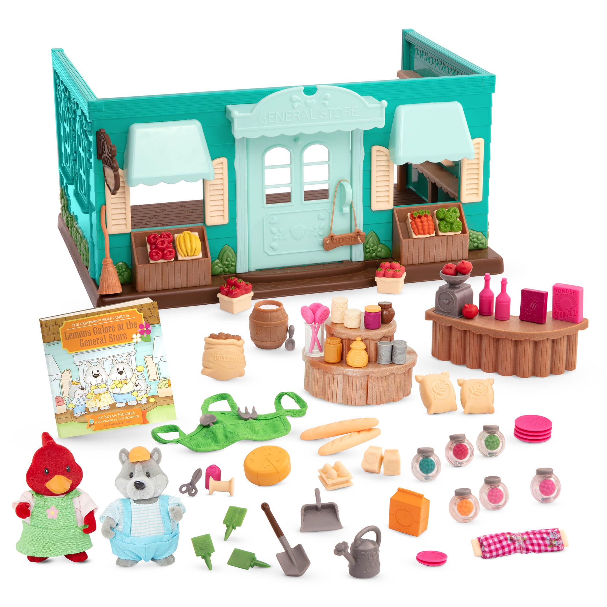 Li’l Woodzeez WZ6813SZ Animal Figurine Playset – Toy Mini Furniture & Play Food – Storybook Included – 3 Years + – Honeysuckle Hollow General Store-Deluxe, Multi