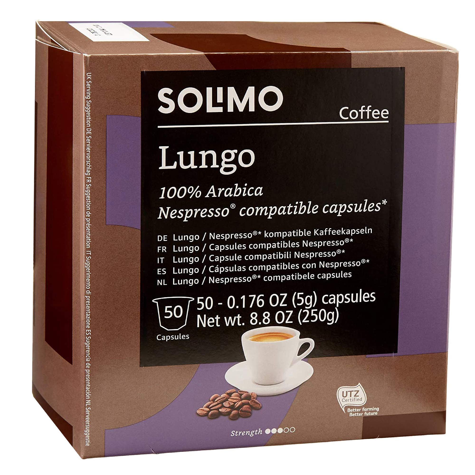 Amazon Brand - Solimo Lungo Capsules, Compatible with Nespresso Original Brewers, Medium Roast, 50 Count (Pack of 1)