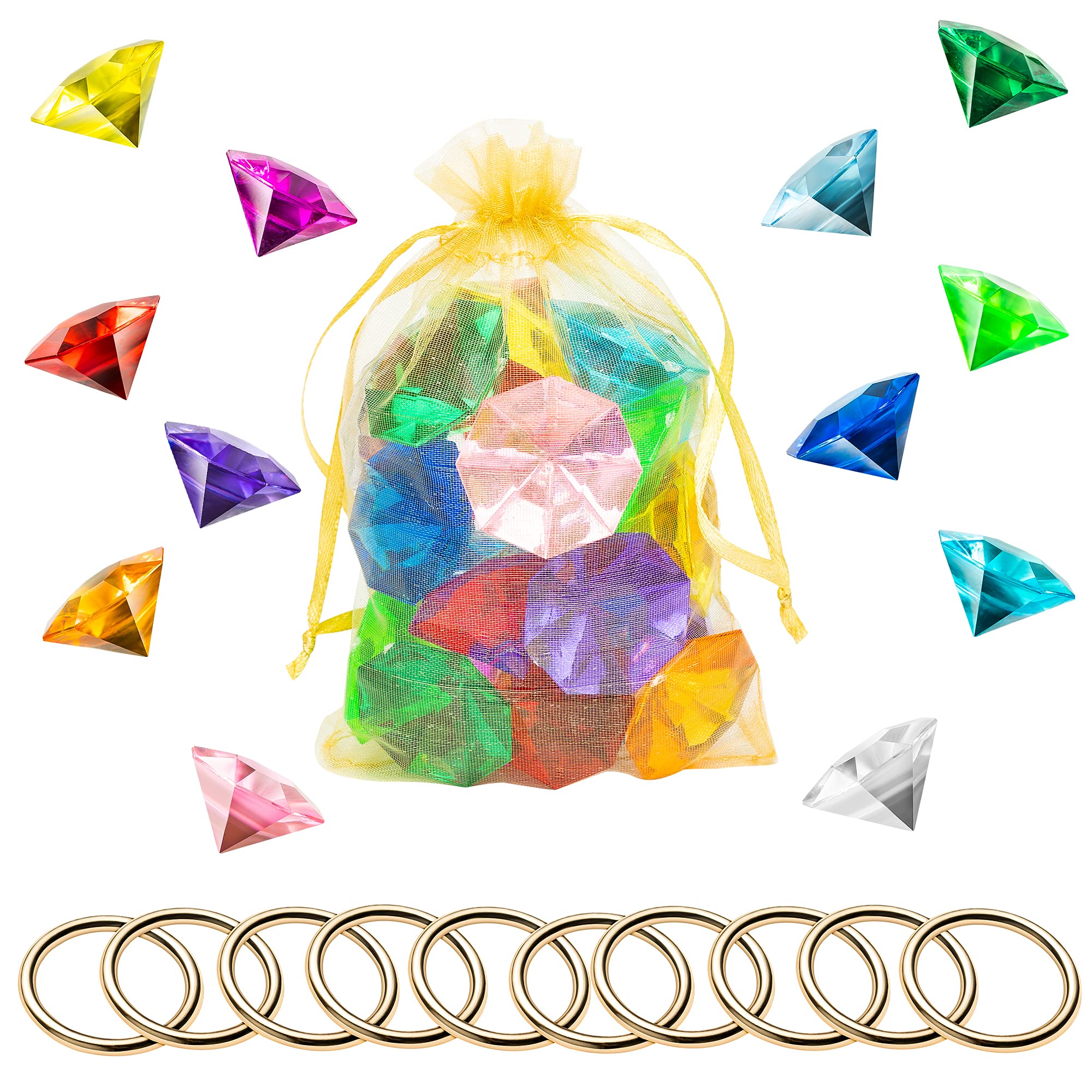 PANTIDE Acrylic Diamond Gems Jewels Alloy Gold Round Ring Set The Blue Hedgehog Chaos Emeralds Power Rings Colorful Party Favor Supplies Cake Decoration Pirate Treasure Chest Hunt for Kids with Bag