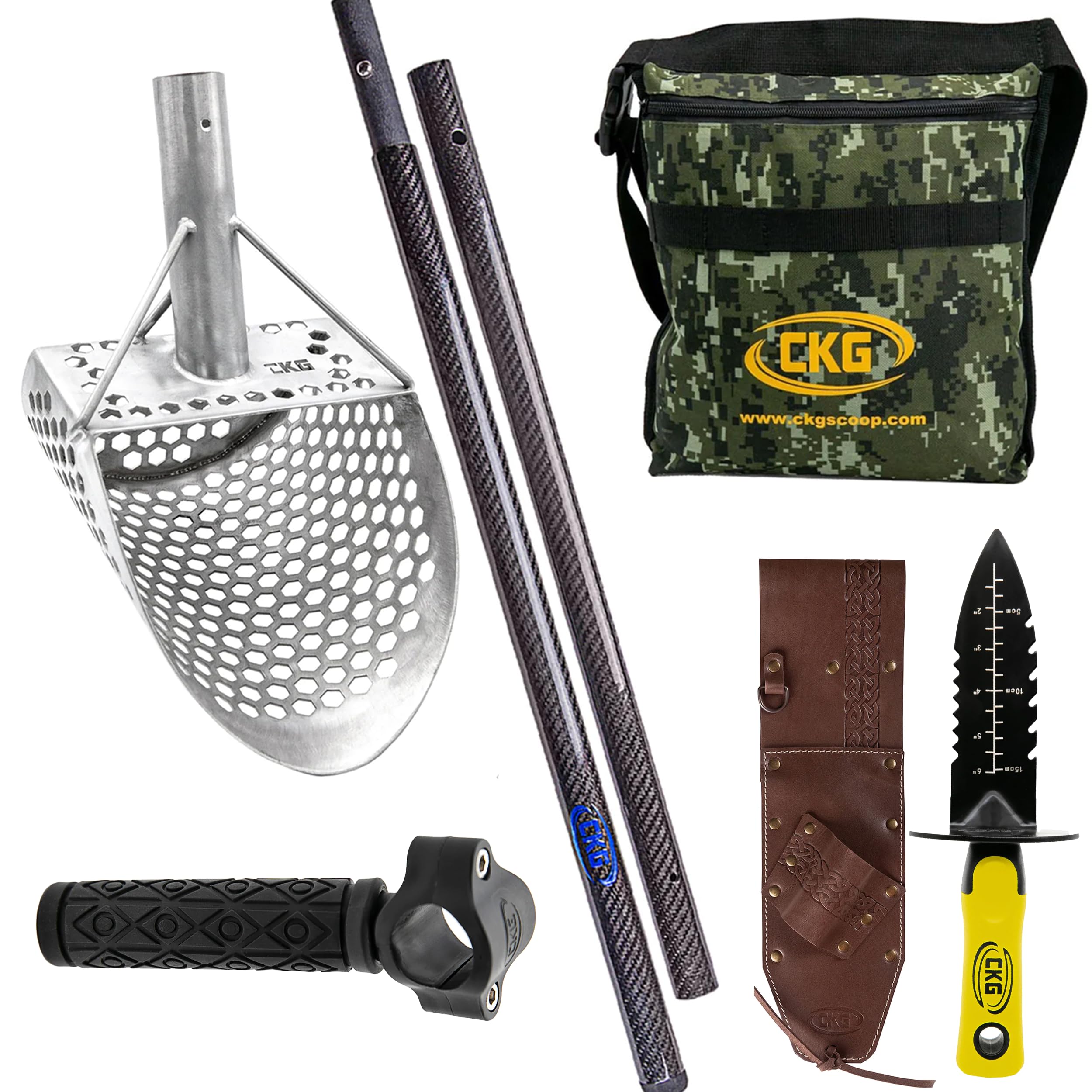 CKGSand Scoop for Metal Detecting Stainless Steel Beach Shovel, Full Set Inccude (Metal Detecting Bag + Scoop 9x6+ Carbon Fiber Handle + Digging Tool + Grip Handle + Lether Case), Medium