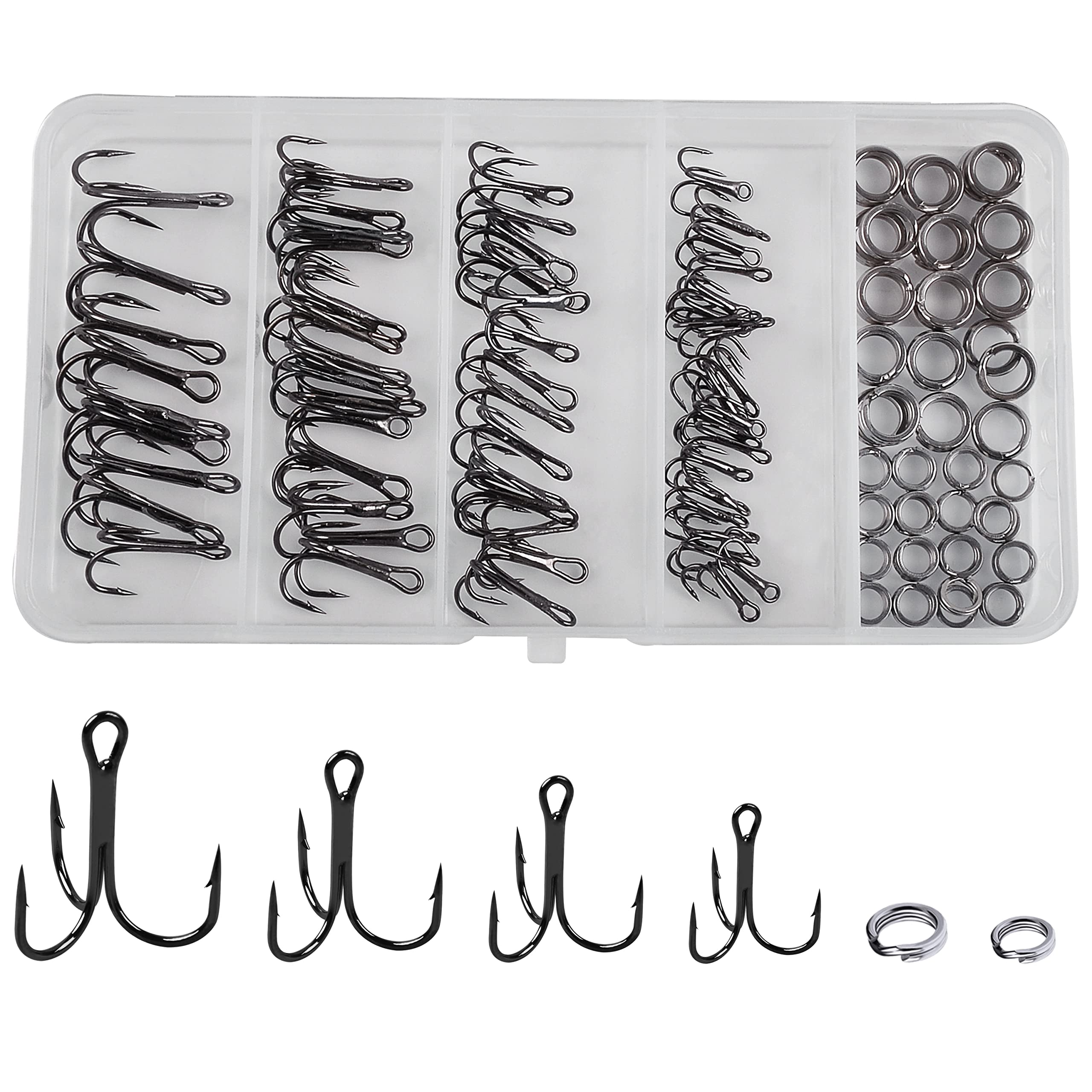 Treble Hooks and Split Rings Kit, 130Pcs Assorted Classic High Carbon Steel Fishing Triple Hooks Heavy Duty Stainless Steel Split Ring for Fishing Lures Saltwater Freshwater