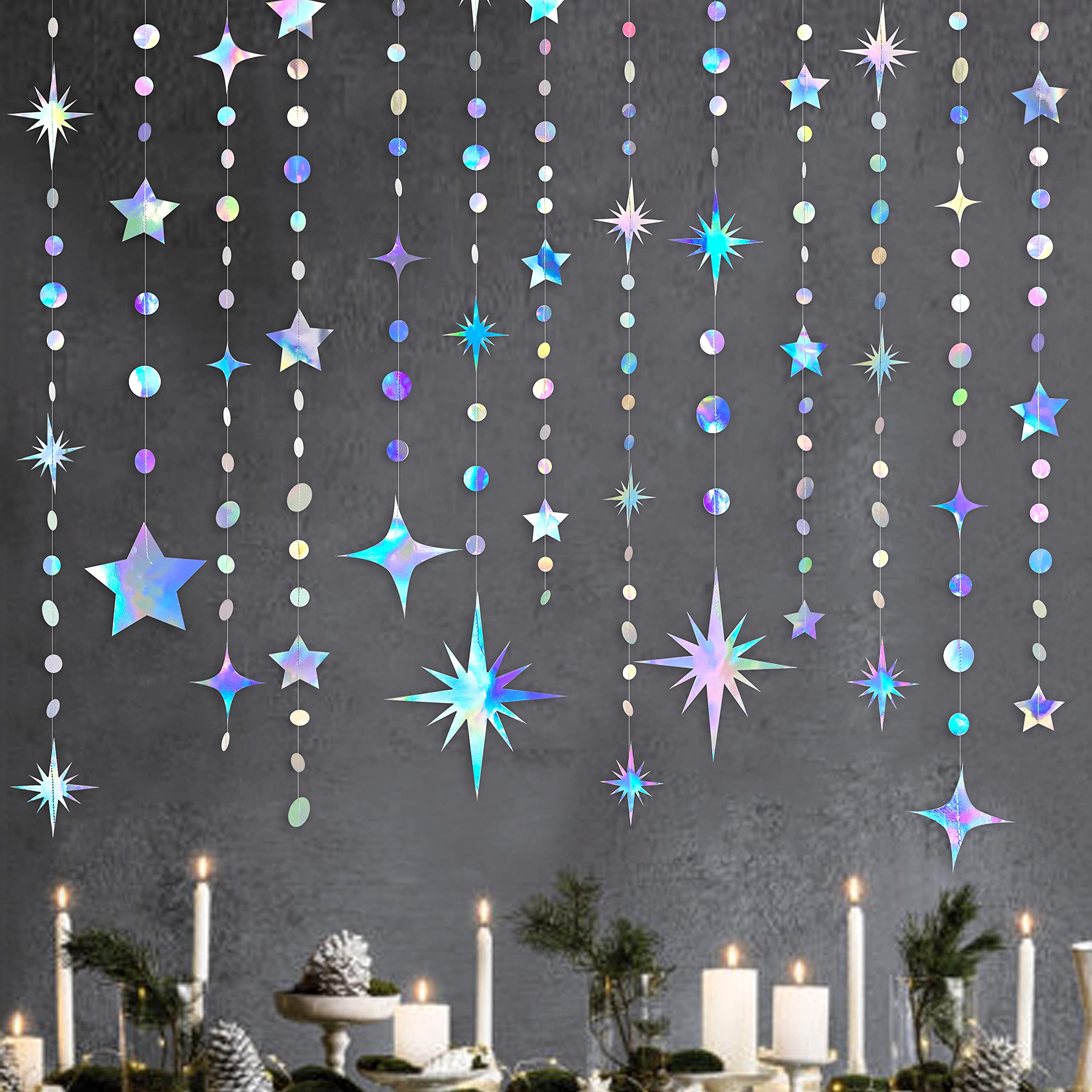 Iridescent Party Decorations Star Circle Dot Paper Garland Banner Bunting Streamer Metallic Hanging Twinkle Star Decoration for Kids Birthday Baby Shower Wedding Festival Engagement Bling Bling Decor