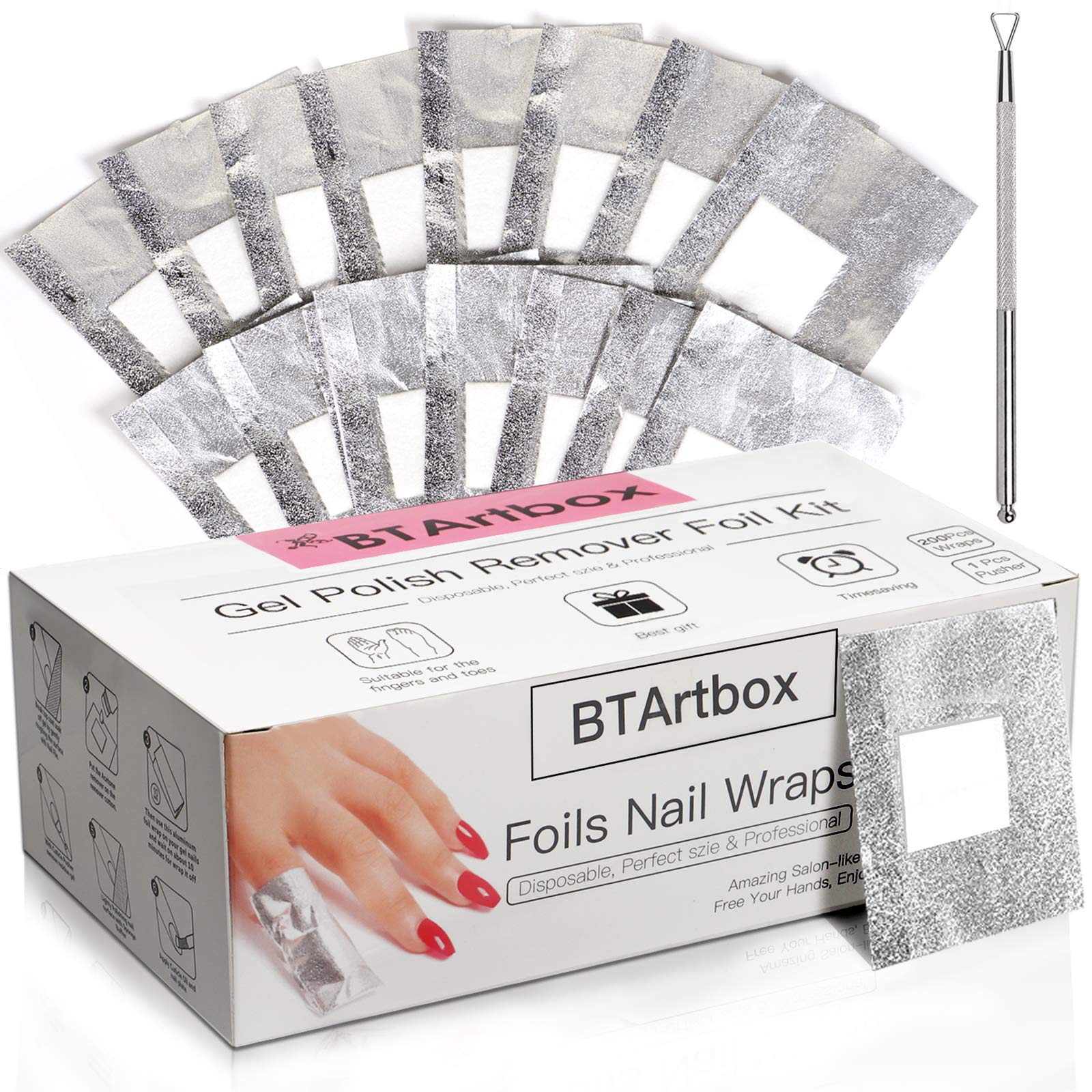 Gel Nail Polish Remover - Gel Polish Remover Wraps BTArtbox Nail Foil Wraps 200 Pcs Soak Off Gel Remover with 1 Pcs Cuticle Pusher for Removing Nail Polish at Home