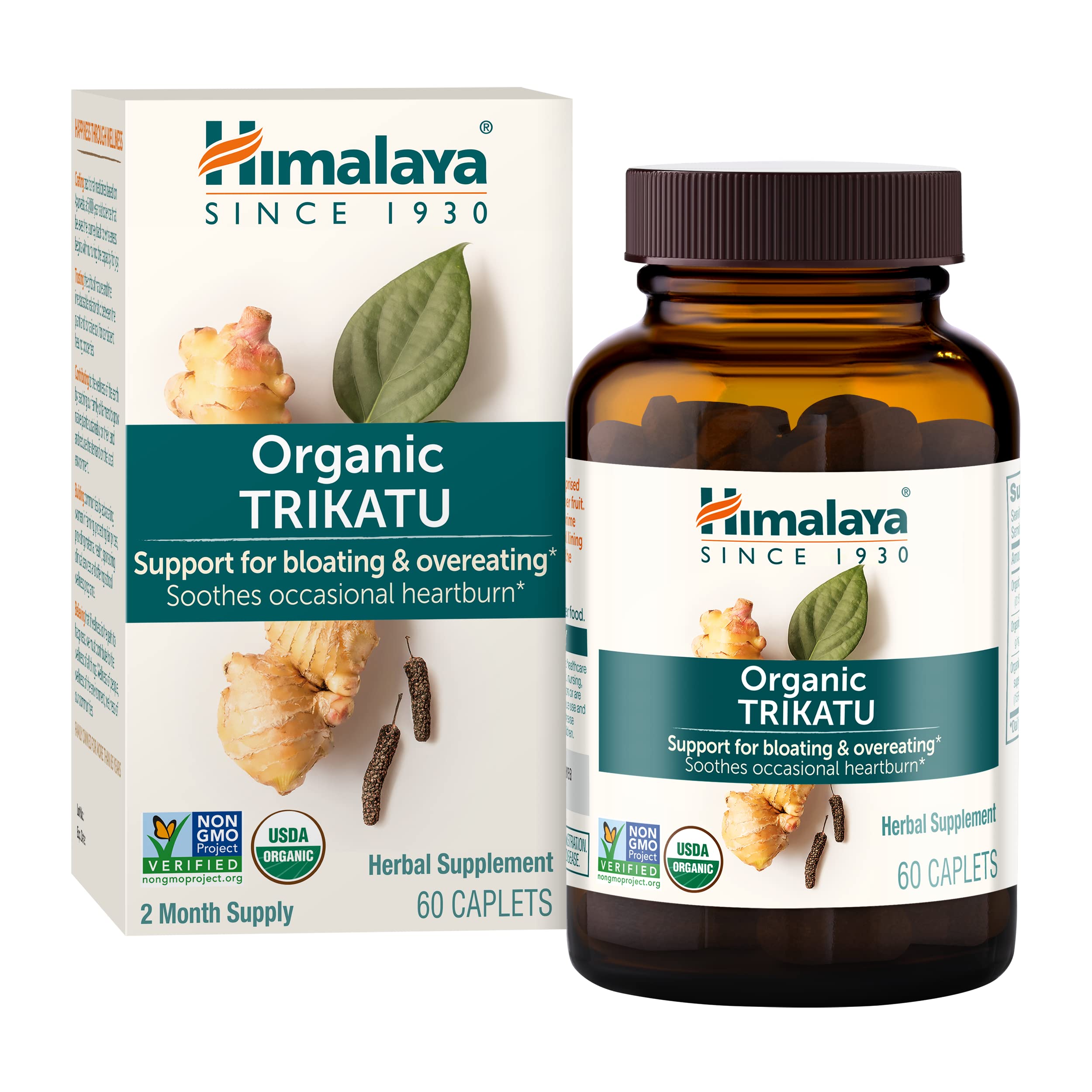 HimalayaOrganic Trikatu, Herbal Supplement for Occasional Heartburn, Digestive Support, Gas, Bloating, Overeating, Ginger, Black Pepper, Non-GMO, USDA Organic, Vegan, 60 Plant-Based Caplets