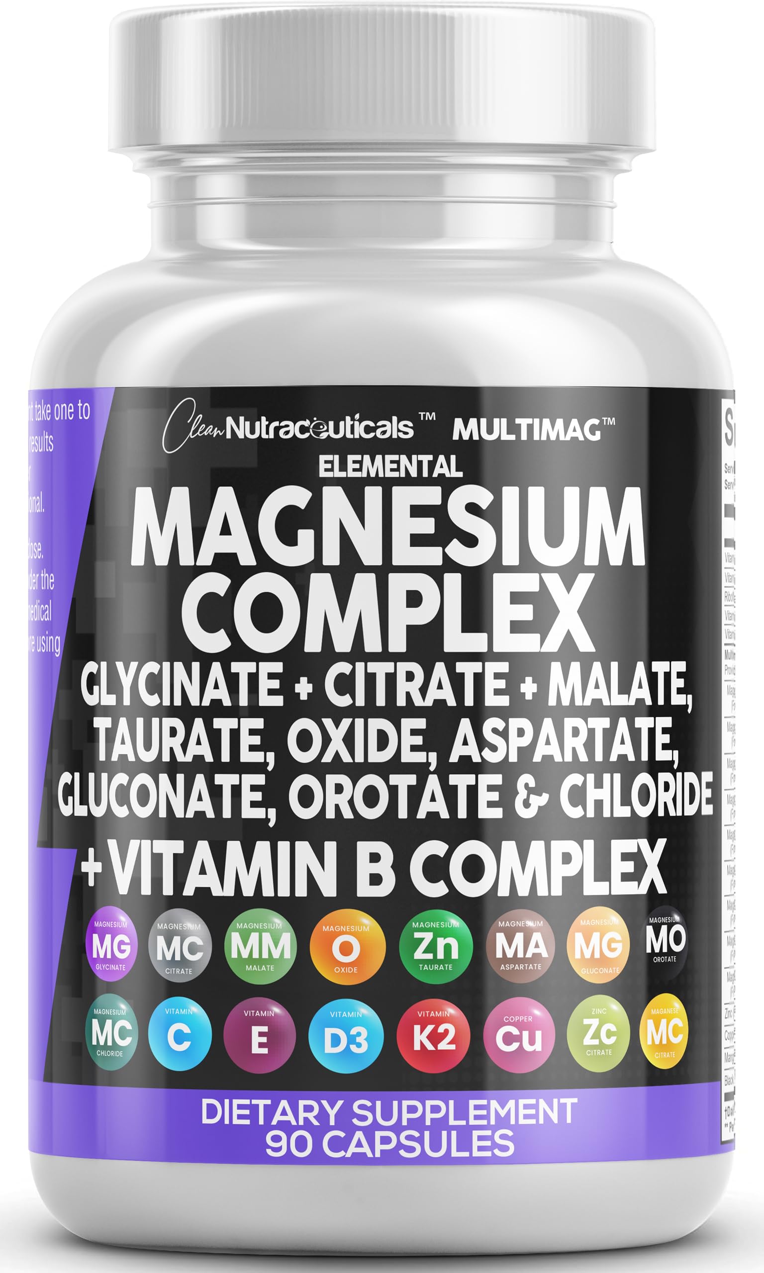 Clean Nutraceuticals Magnesium Complex 2285mg with Magnesium Glycinate Citrate Malate Oxide Taurate Aspartate Orotate & Mag Chloride, Zinc Copper Manganese & Vitamin C B1 B2 B6 B12 Complex - 90 Count