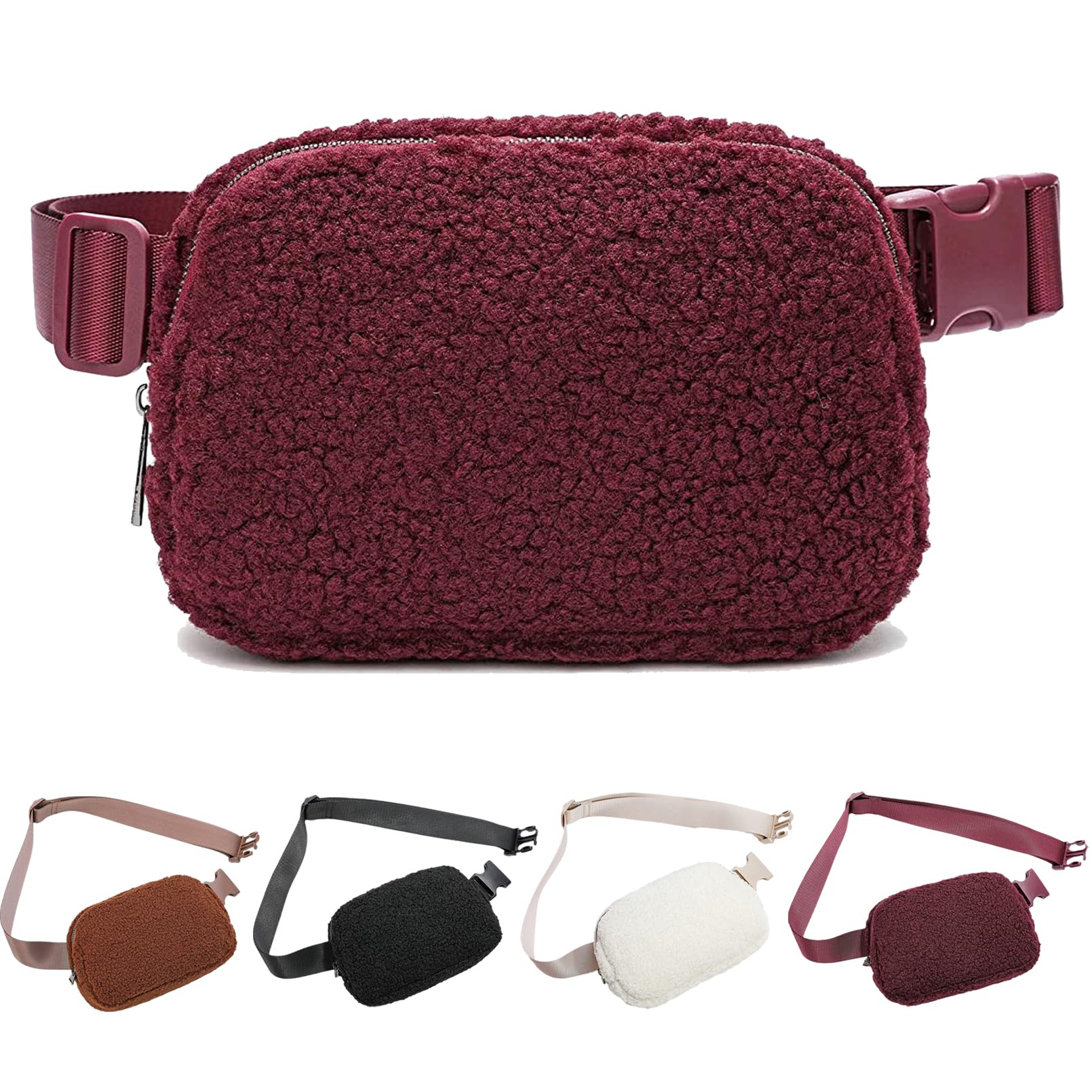 Fleece Belt Bags for Women Men, Fashionable Crossbody Fanny Pack Purse for Most Waist - Small Chest Bag, Cute Mini Everywhere Bum Hip Ideal for Indoor Outdoor Sports Travel, Fleece Wine Red, Modern