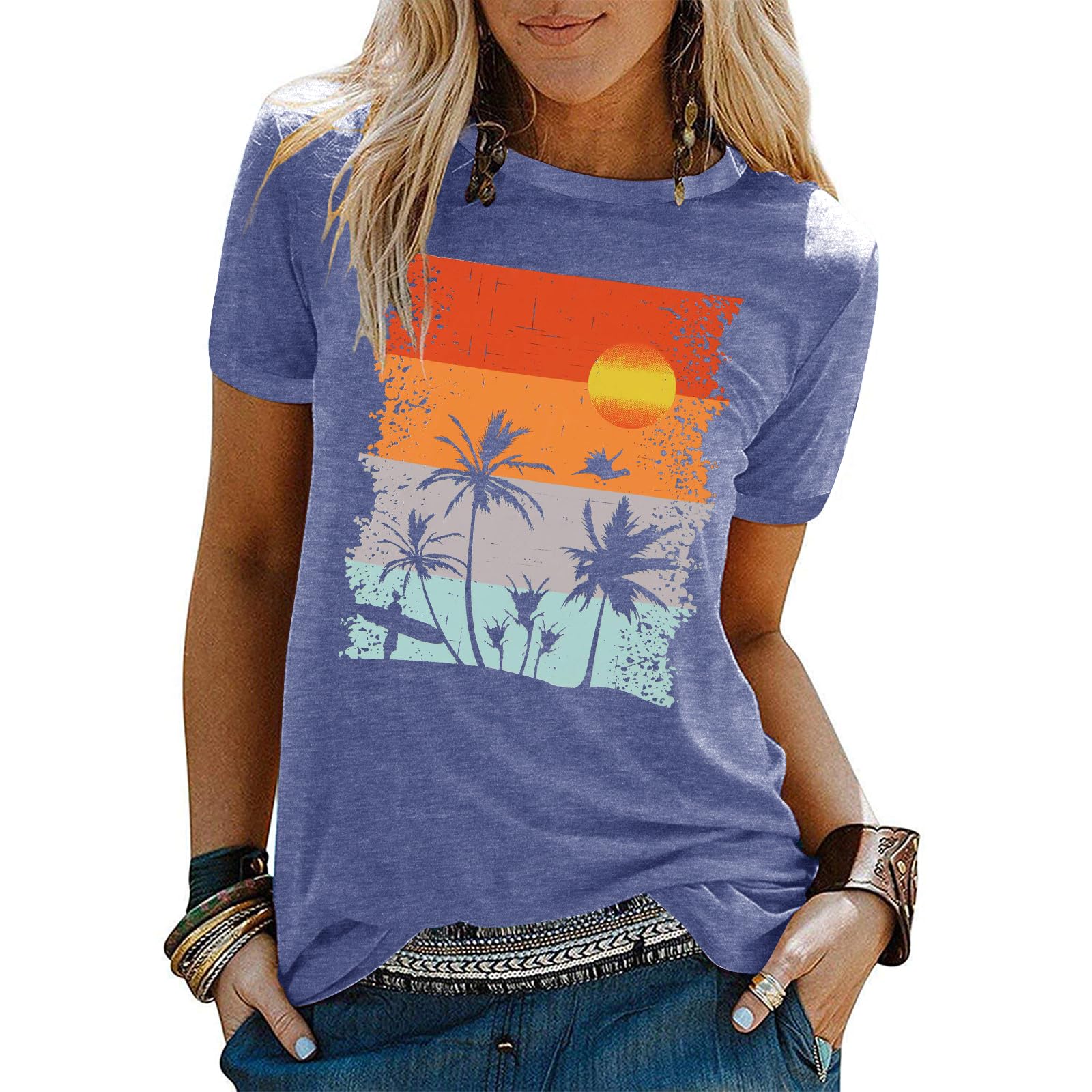 BinshreBeach Shirts for Women Hawaiian Graphic Tees Sunshine Summer Vacation Vintage Tshirt Tops