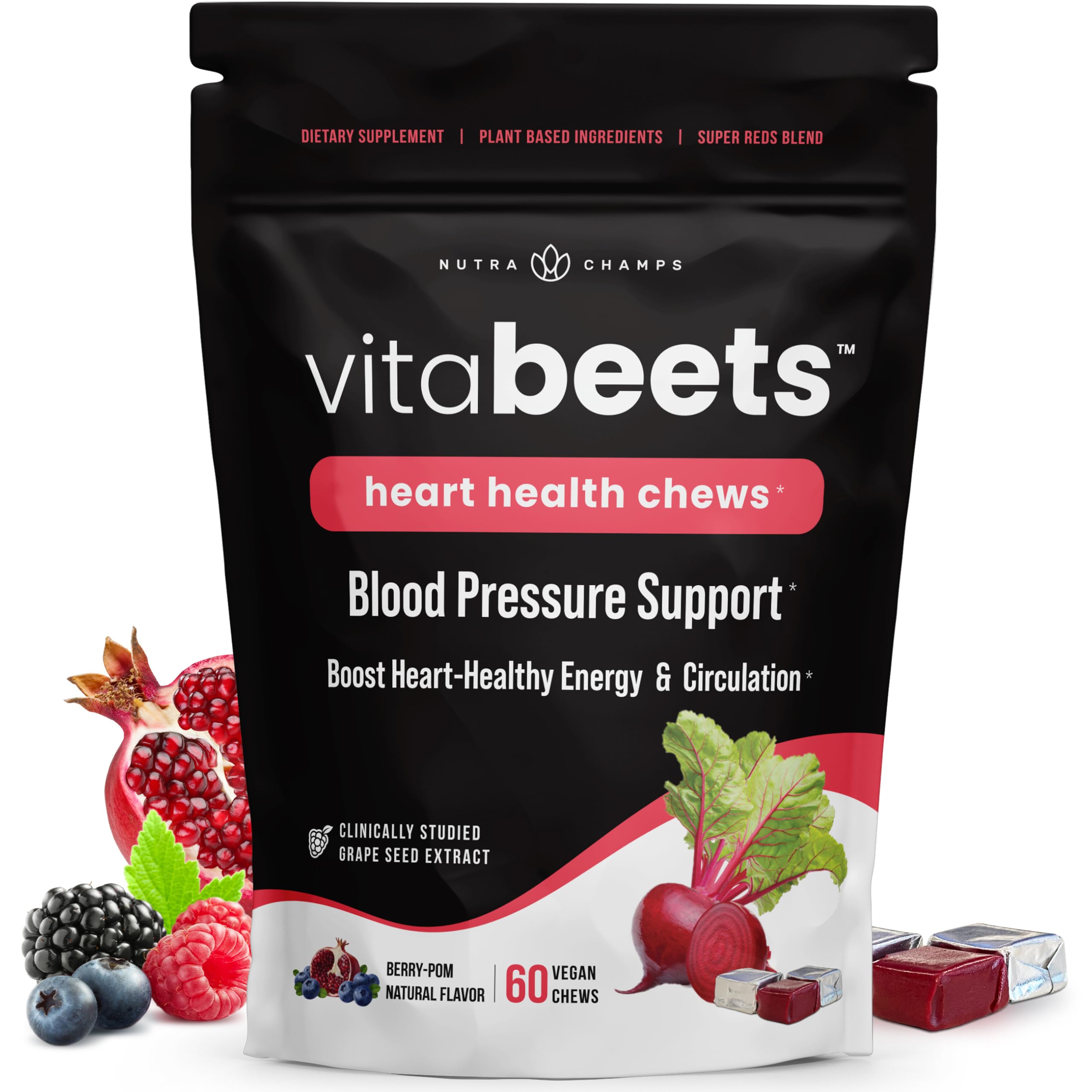 NutraChampsVitaBeets Beet Chews - Beet Root Chewables with Grape Seed Extract & Super Reds - Beet Root Gummies Alternative - 60 Vegan Soft Chews