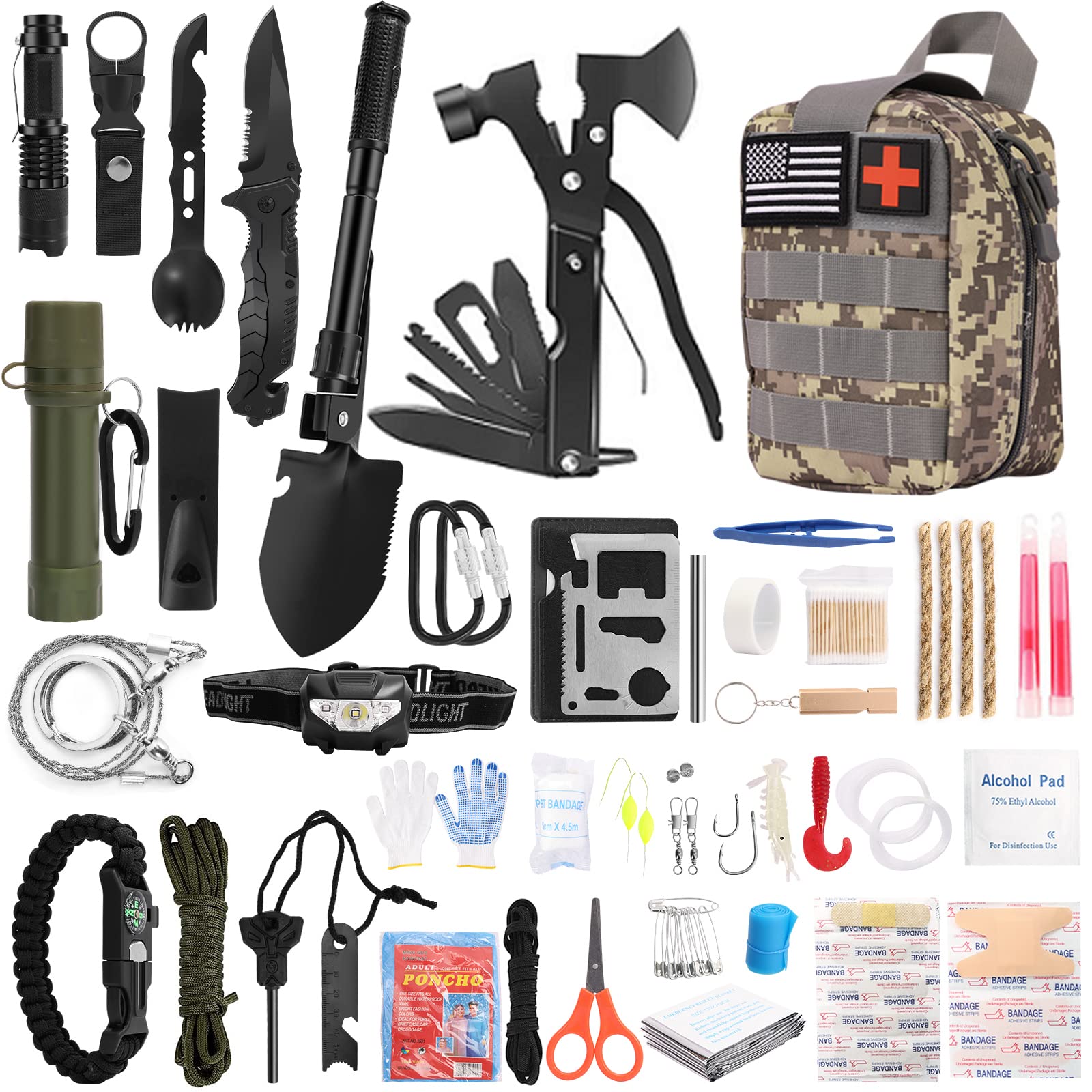 218PCS Survival Kit,Professional Survival Gear Tools and Water Filter Equipment with Tactical Molle Pouch for Outdoor Camping, Adventure, Hiking