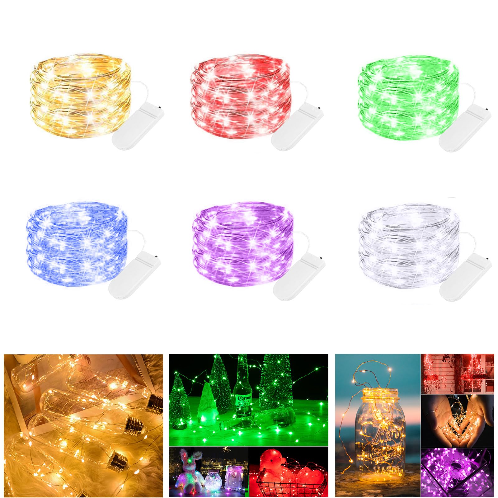 Brightown 6 Pack Led Fairy Lights Battery Operated, 2m 20 LED Copper Wire Battery String Lights, Warm White Fairy Lights Indoor for Bedroom Wedding Jars Bottle Decorations (Multi-Colored)