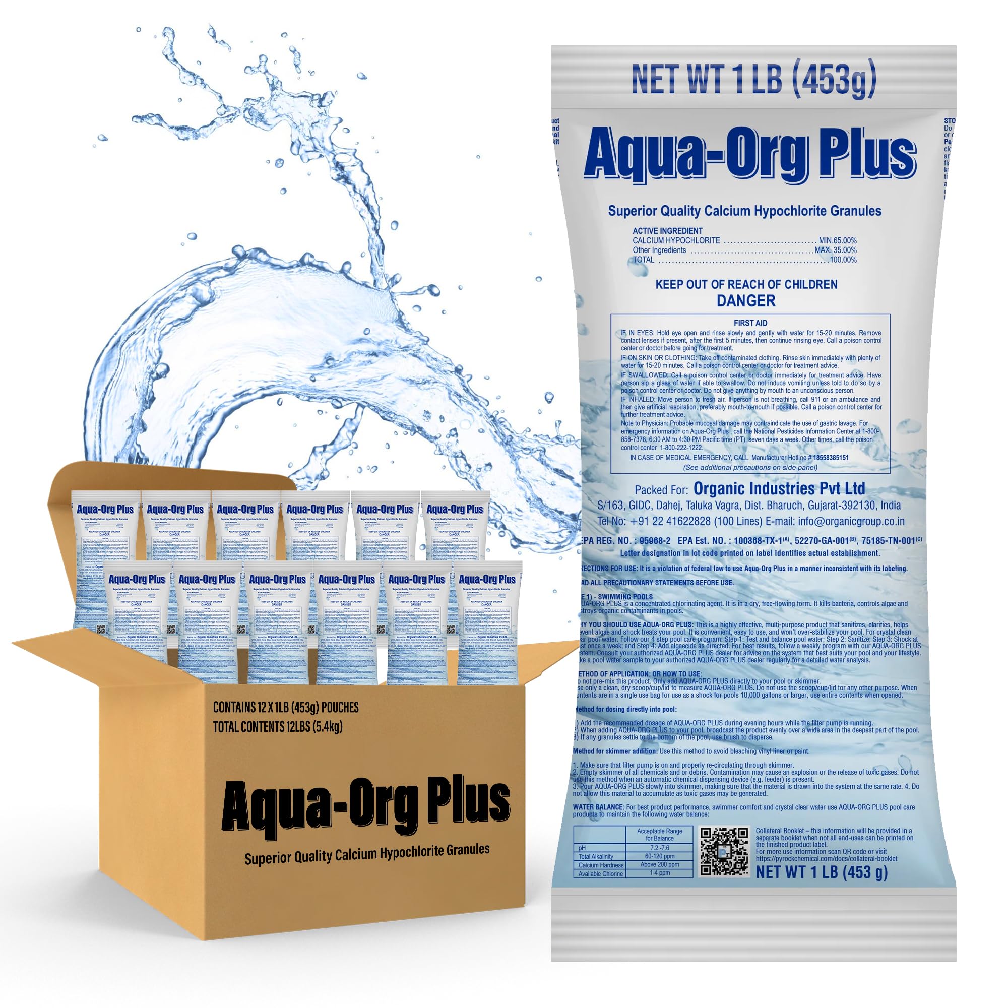 Pool Shock by Aqua Org Plus - 65% Granular Cal Hypo - Swimming Pool Shock for In-Ground, Above Ground, Spas & Hot Tubs - 12-Pack of 1 Pound Bags