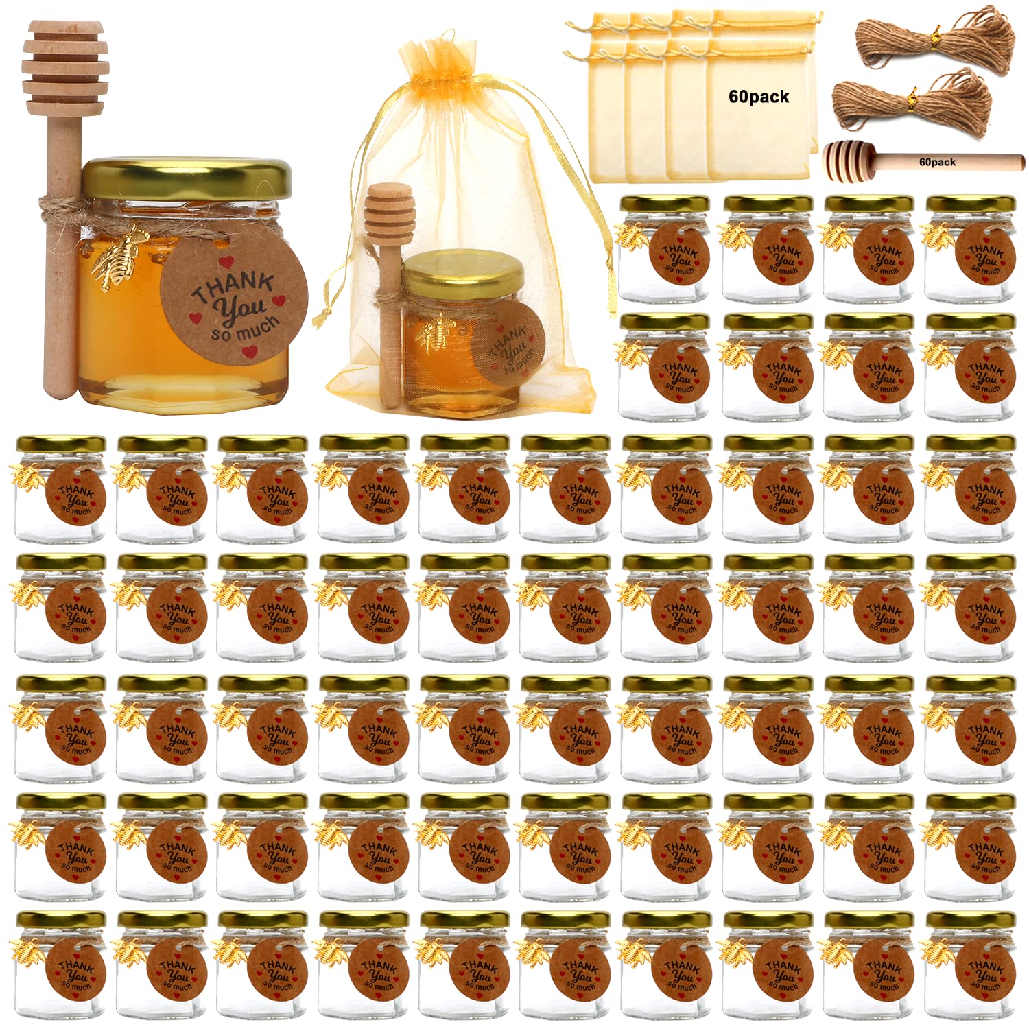 30 PACK 1.5 oz Mini Glass Honey Jar, Small Hexagonal Honey Jars with Wooden Dipper Gold Lid Bee Charms Gold Gift Bags and Rope for Baby Shower Wedding Party Favors