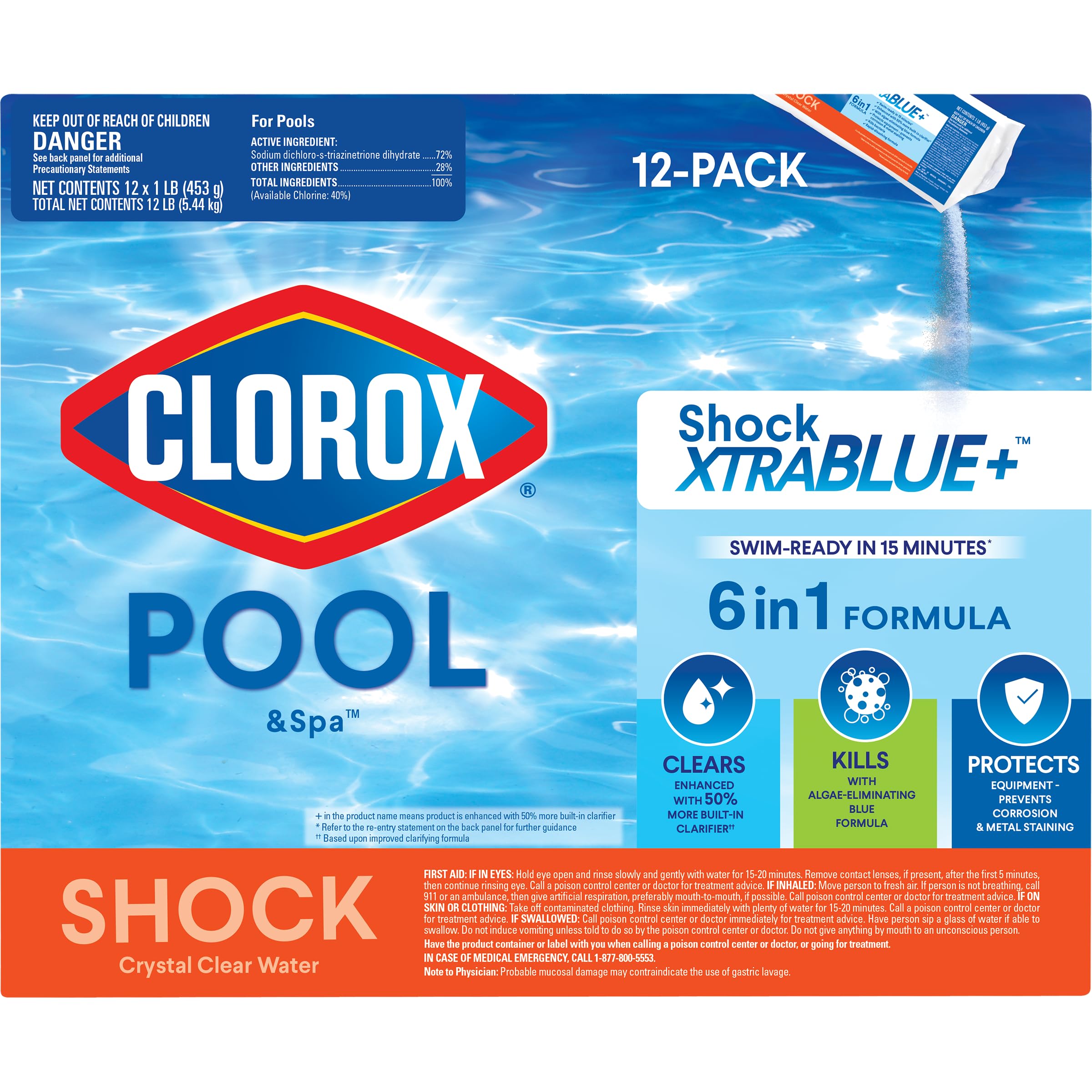 Clorox® Pool&Spa™ Shock XTRABLUE®2, Kills Bacteria & Algae in Swimming Pools, Swim-Ready in 15 Minutes, (12-Pack)