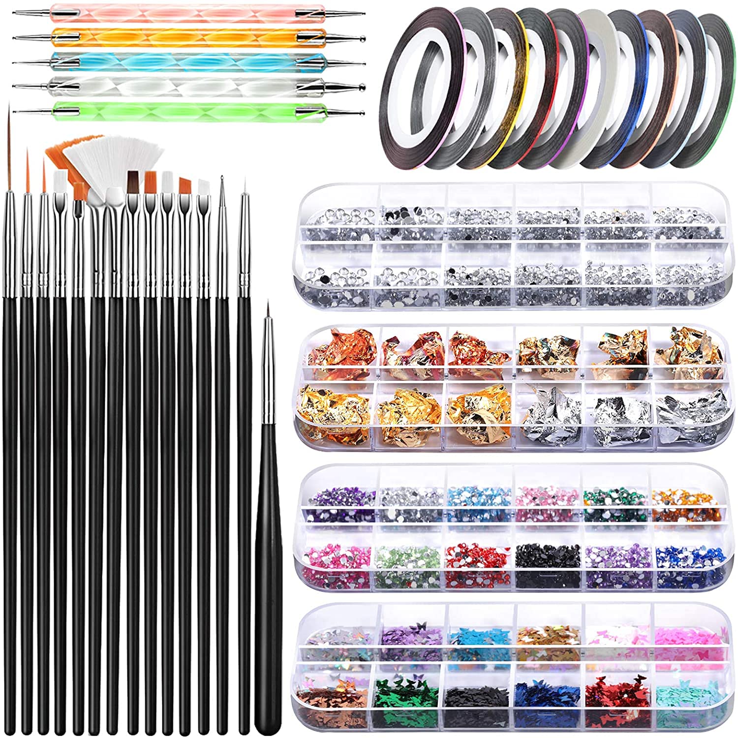 U-HOOME Nail Art Brushes Kit, 3D Nail Art Paiting Polish Design Kit，Nail Design Art Kit with Butterfly Nail Art Stickers, Nail Art Rhinestones, Nail Foil Flakes, Nail Art Tapes