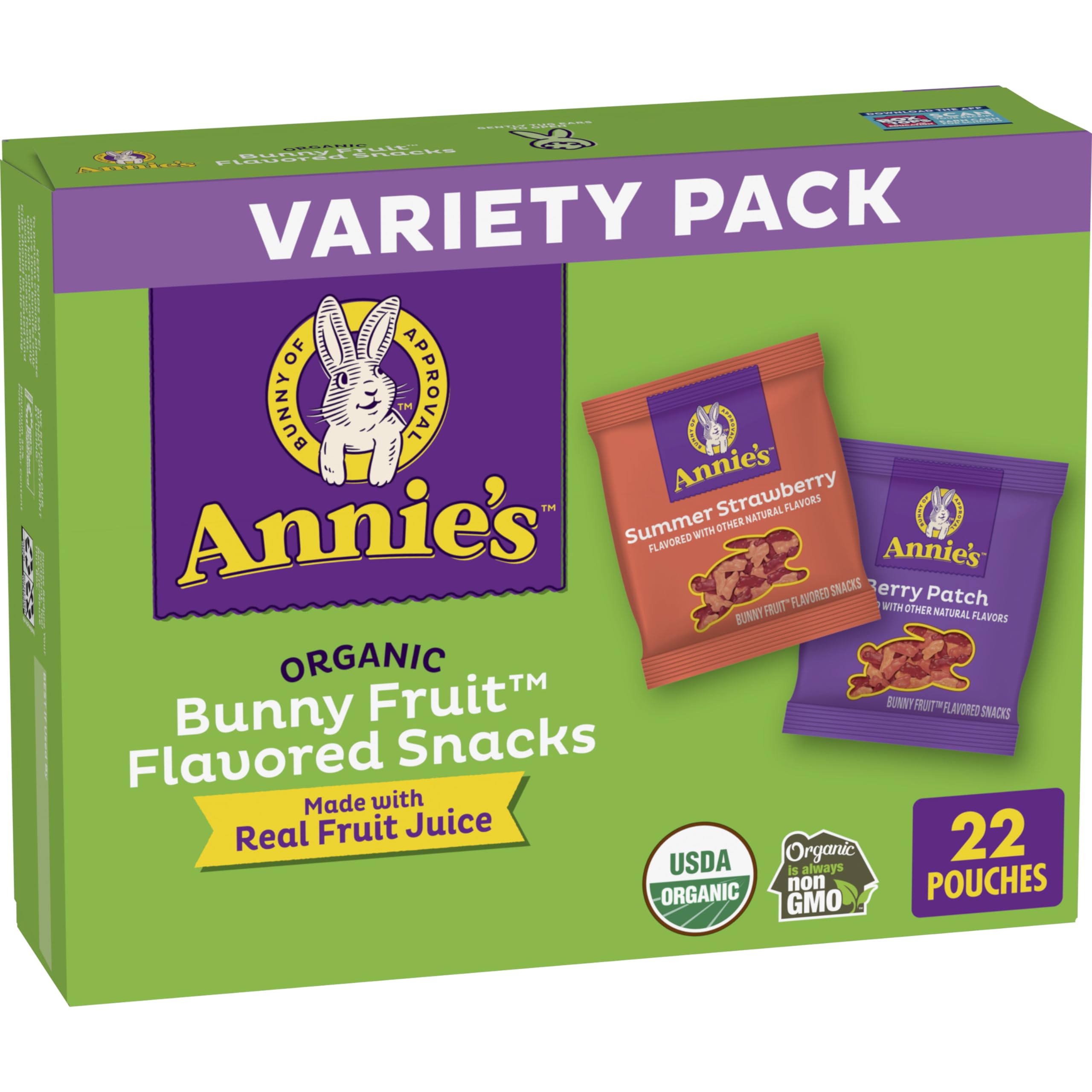 Annie's Organic Bunny Fruit Flavored Kids Snacks Variety Pack, Summer Strawberry and Berry Patch Flavors, School Lunch Snacks, Stocking Stuffer, 22 Ct, 15.4 oz