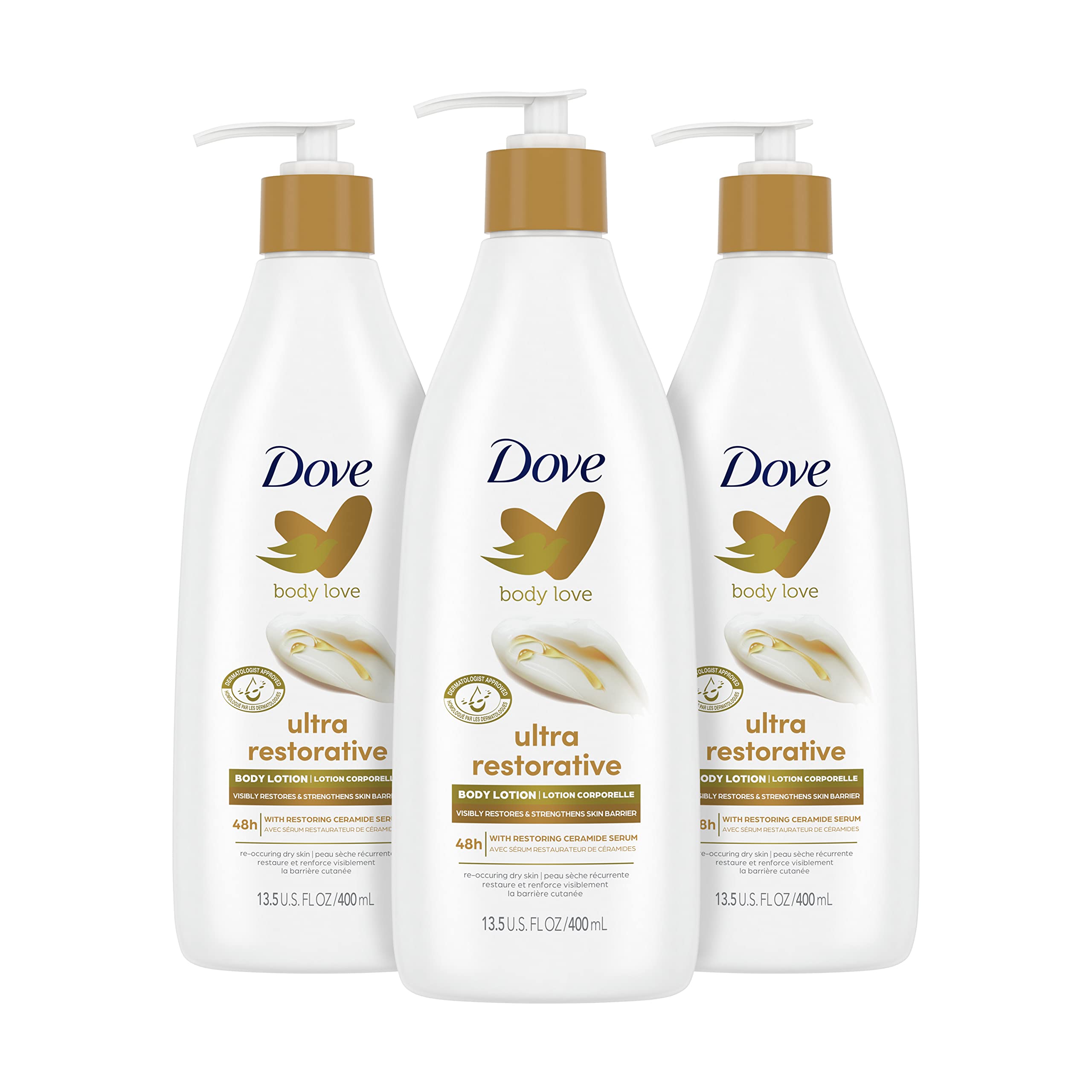 DoveBody Love Body Lotion Restoring Care Pack of 3 for Reoccuring Dry Skin Visibly Improves Very Dry Skin 13.5 oz