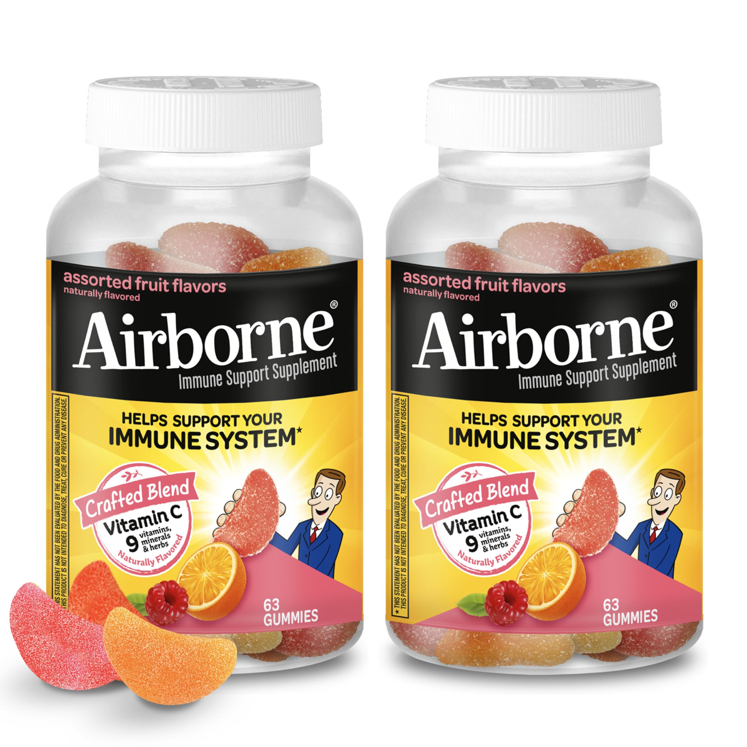 Airborne 750mg Vitamin C Gummies For Adults, Immune Support Gummies With Powerful Antioxidants Vit C & E, Caffeine Free - 2x63ct Bottle (42 Servings), Assorted Fruit Flavor