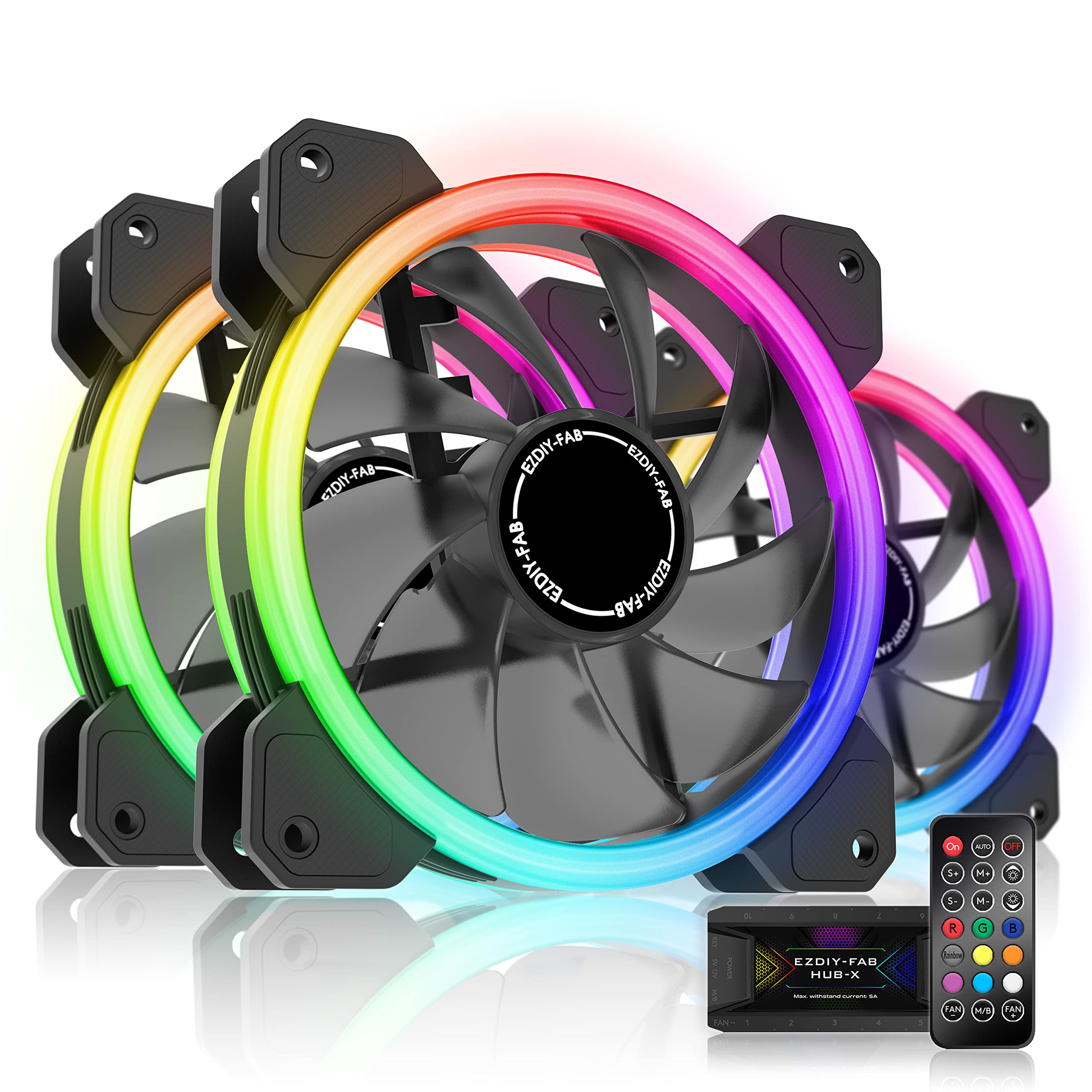 EZDIY-FAB RGB Dual Ring 120mm Case Fans,5V Motherboard Sync,Speed Adjustable,RGB Sync Fan with Fan Hub X and Remote-3 Pack