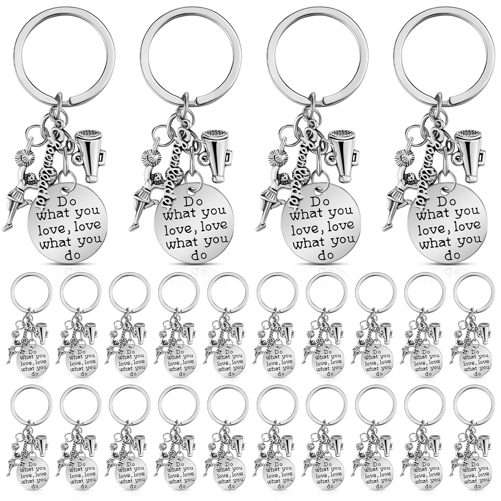 Henoyso Cheerleader Charm Keychain Cheerleading Gifts Cheer Stuff Cheer Team Gifts Cheer Jewelry for Girls Women (24 Pcs), Silver, as the picture shown