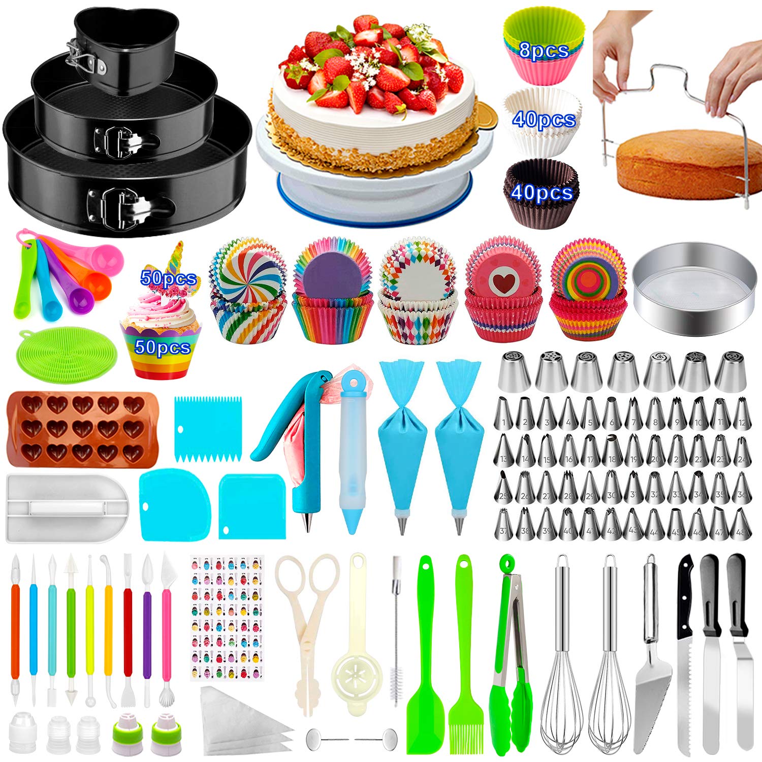 Cake Decorating Supplies,493 PCS Cake Decorating Kit 3 Packs Springform Cake Pans, Cake Rotating Turntable,48 Piping Icing Tips,7 Russian Nozzles, Baking Supplies,Cupcake Decorating Kit, Multicolor