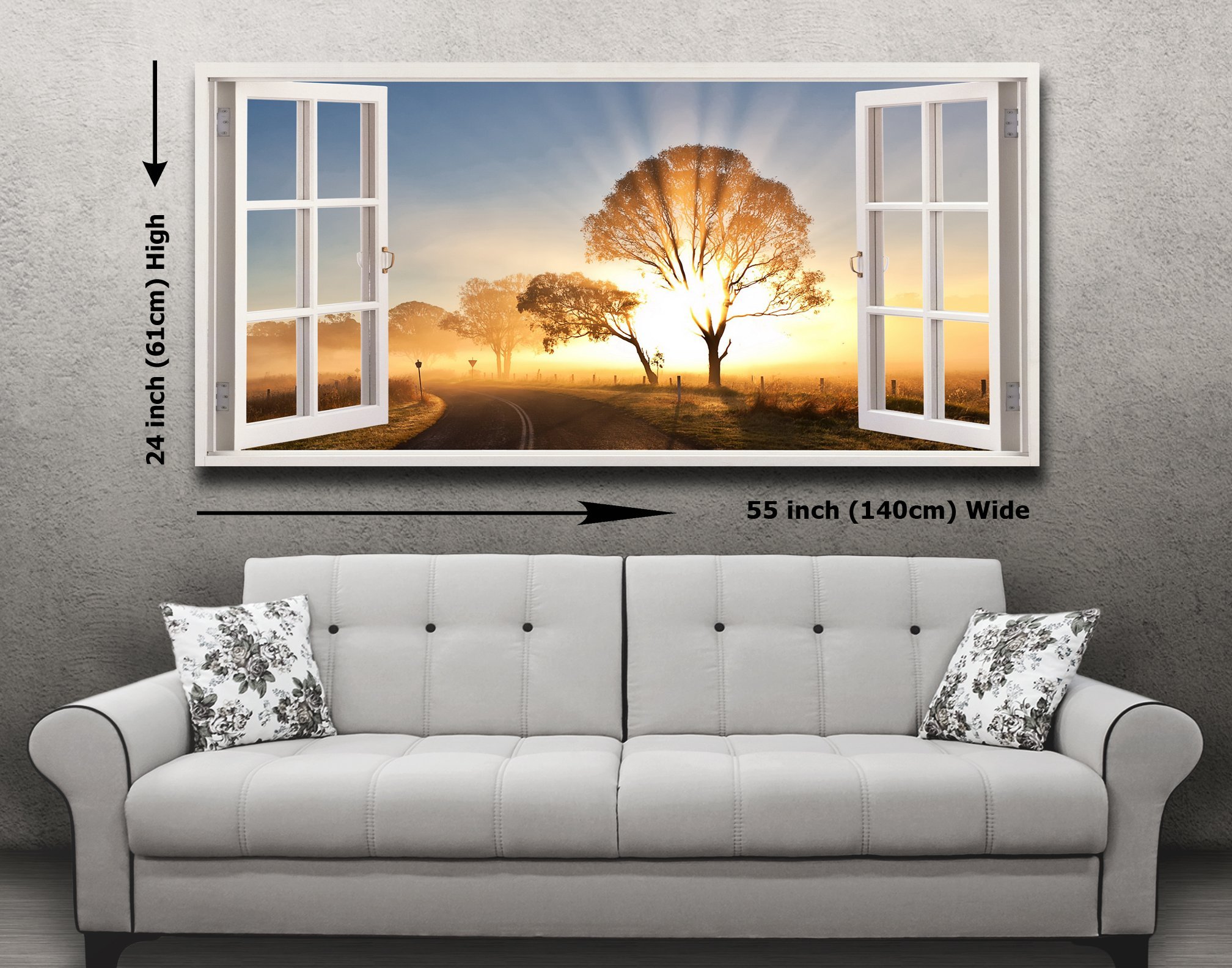 Morning Sunrise View from a Window Panoramic Canvas Print Framed XXL 55 inch x 24 inch Over 4.5 foot wide x 2 foot high Ready to Hang