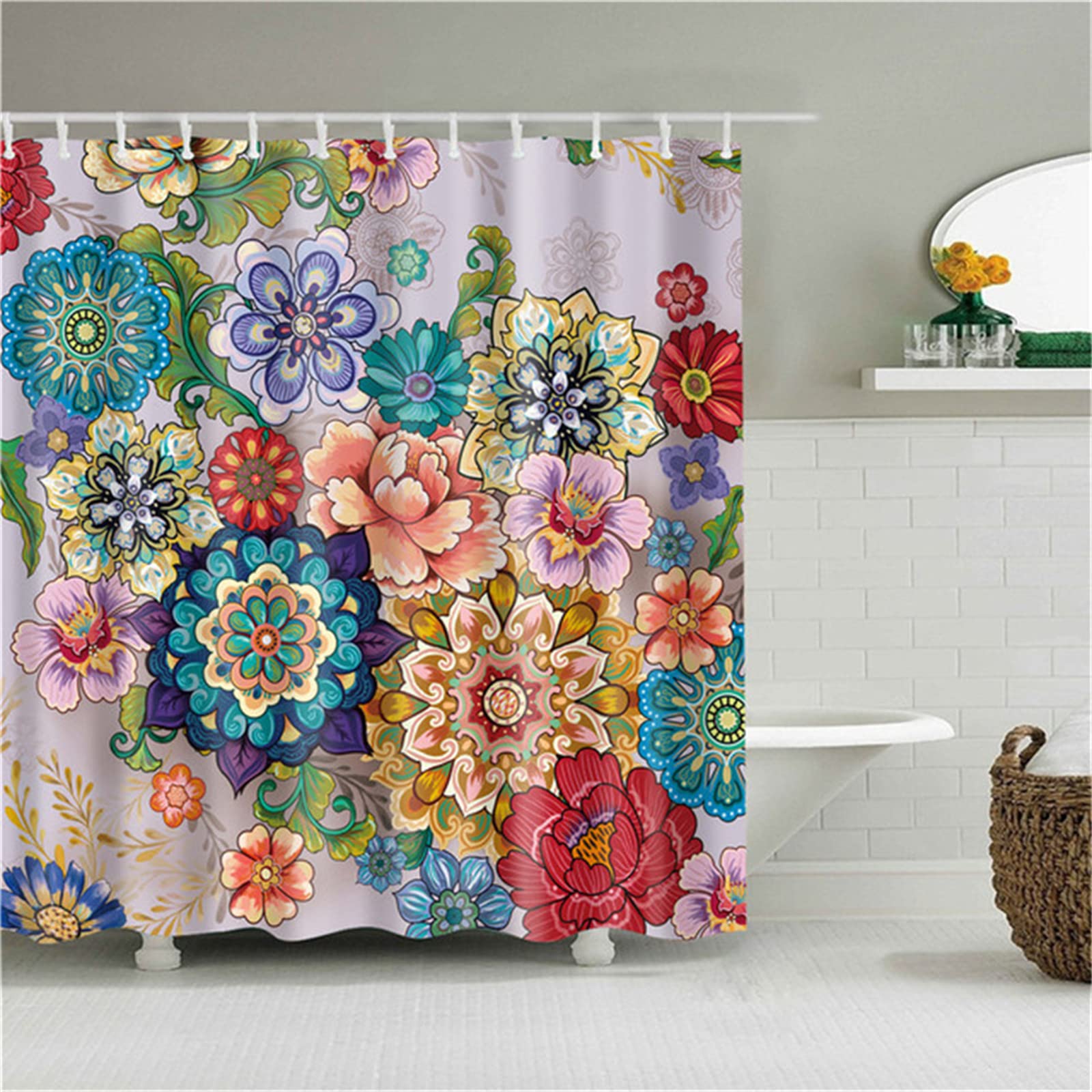 Tinnoon Shower Curtain, Anti-Mould Proof Resistant, Waterproof, Weighted Hem, Resistant WashableFlowersBathroom Curtains, 3D Digital Polyester Extra Long Shower Curtains Grey, With Hooks，90x180cm