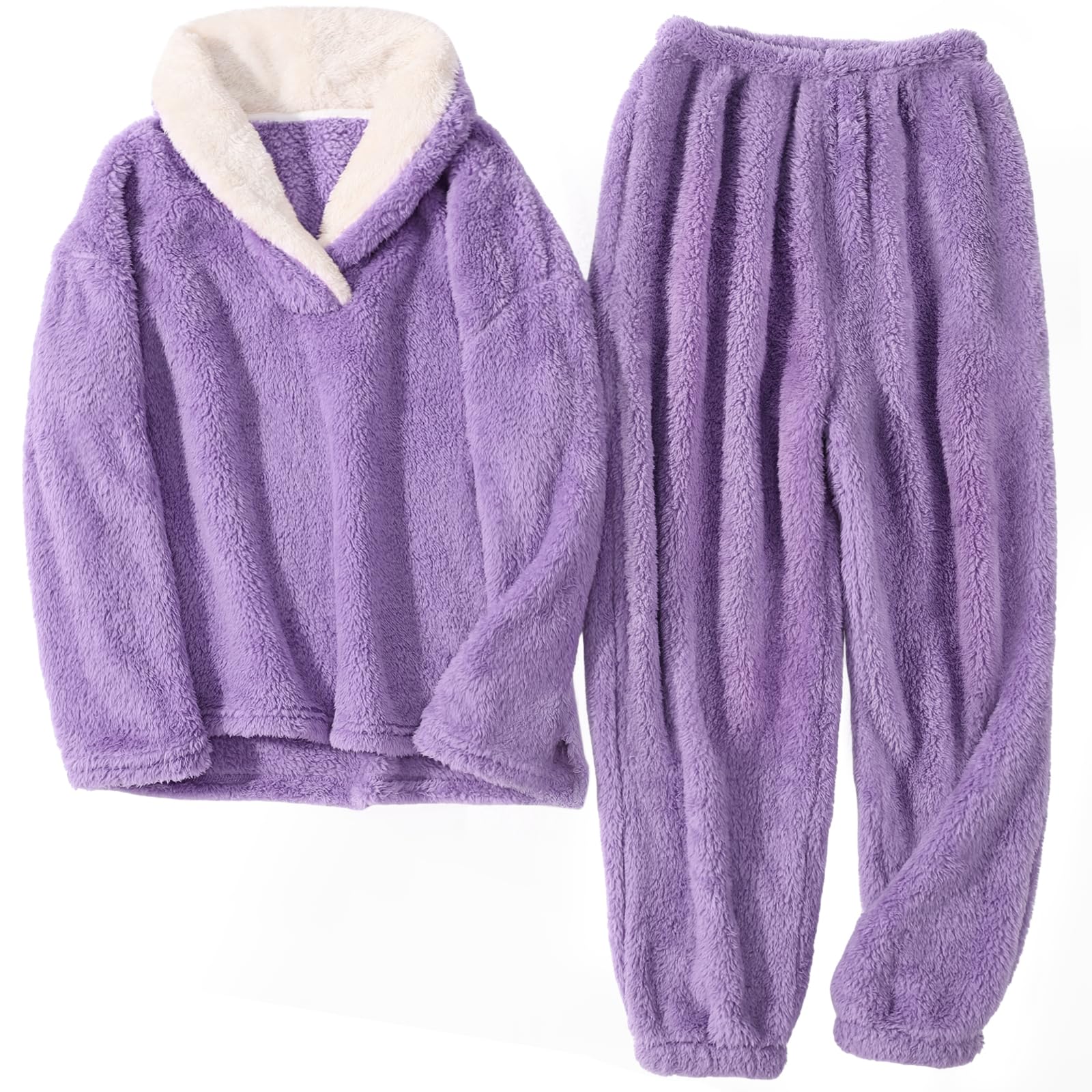 HEEKPEKFuzzy Pajamas Set for Women Winter Warm Fluffy Loungewear Soft Fleece Pj Pants 2 Piece Plush Sleepwear Lounge Tops