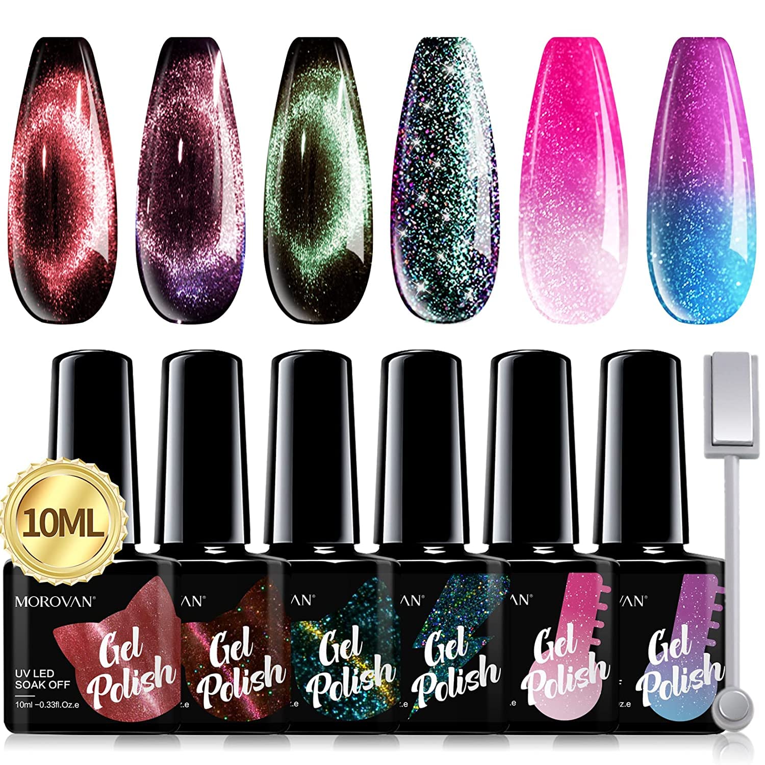 Morovan Gel Nail Polish Kit - 3 Pcs 9D Cat-eye Magnetic Colors Changing Gel Nail Polish and 3 Pcs Holographic Cat-Eyes Temperature Rainbow Mood Changing Phantom Chameleon Nail Polish Kit