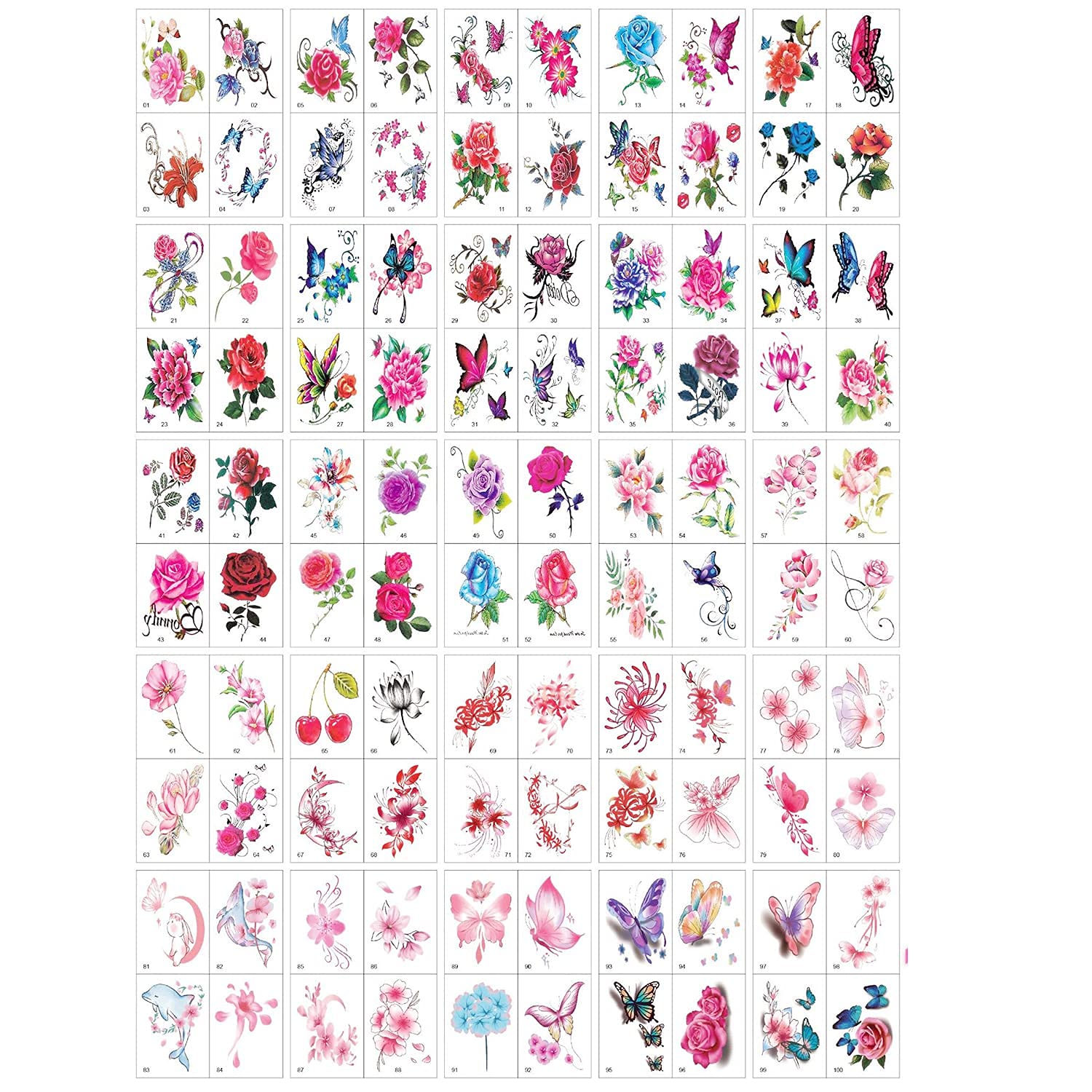 66 floral tattoo stickers, red roses, blue roses, butterflies, etc., suitable for beaches, parties, adult women, women, teenagers and children