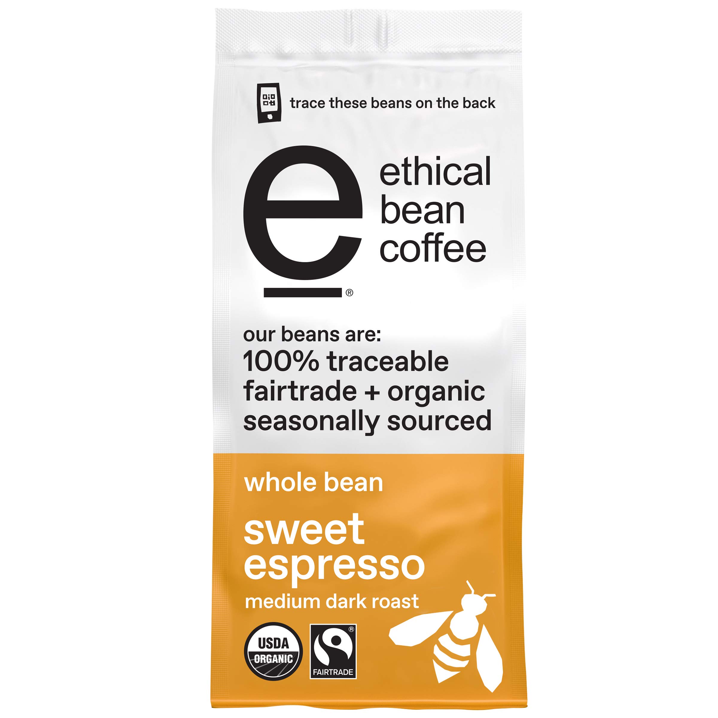 Ethical Bean Fairtrade Organic Coffee, Whole Bean Espresso Coffee (12 Oz Bag), Sweet Espresso Medium Dark Roast, 0.75 Lb