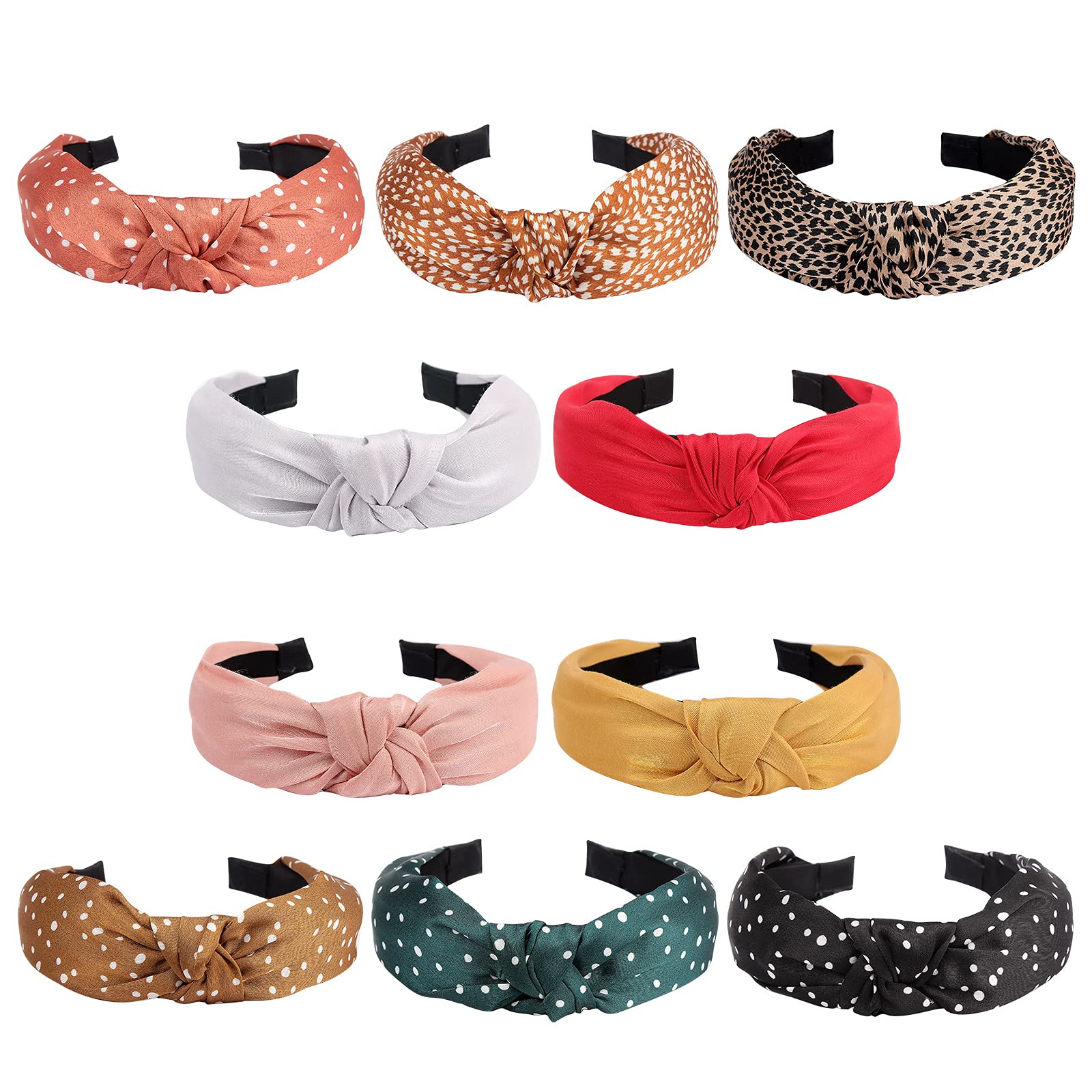 Casoty 10 Pack Knotted Headbands for Women Girls Ladies Fashion Leopard Cheetah Headband Polka Dot Head Band Solid Color Hair Band Hair Styling Accessories Diademas Para Mujer de Moda